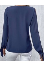 LATA Navy Lace Trim Side Slit Slv Blouse