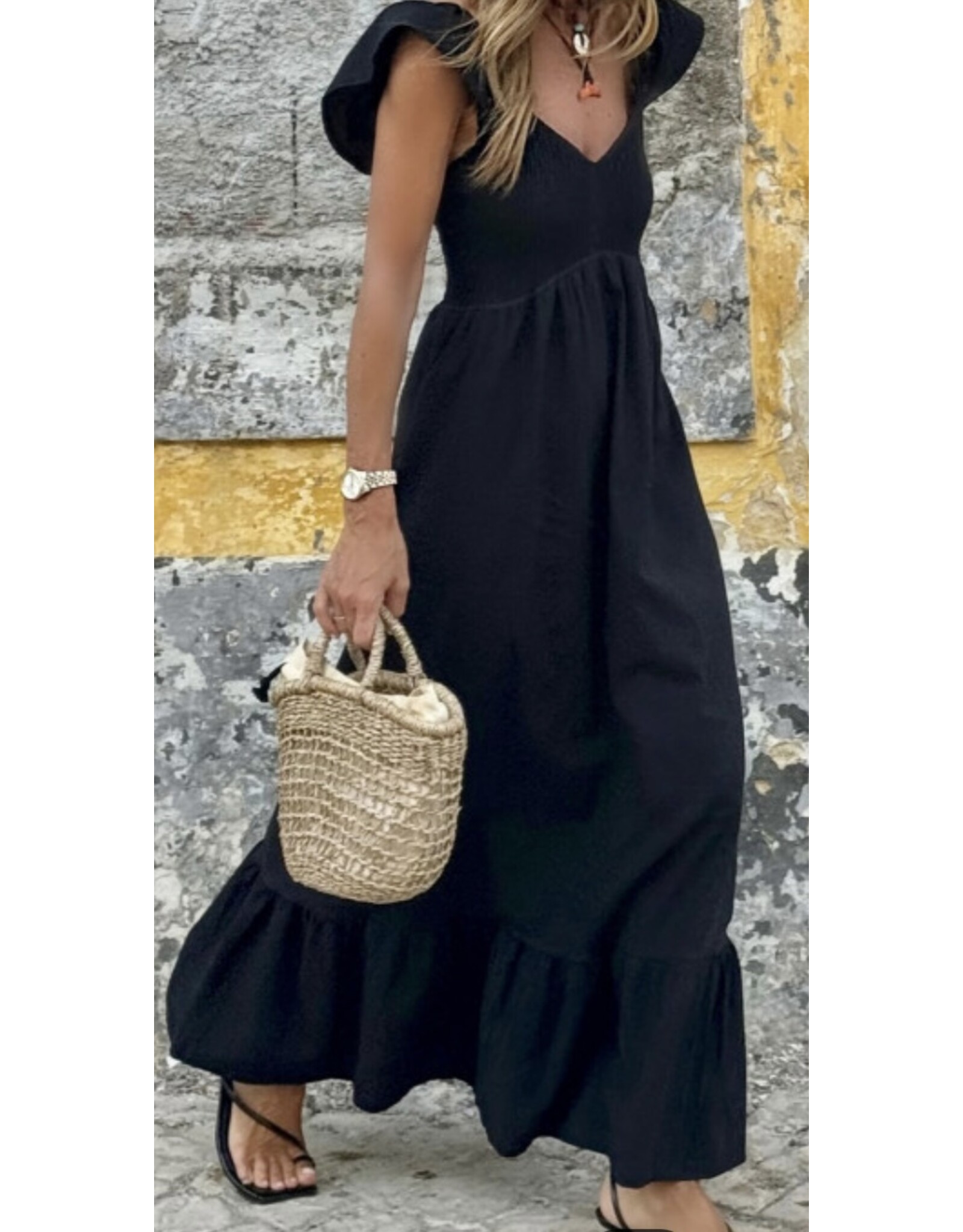 Black V Neck Flutter Maxi Dress