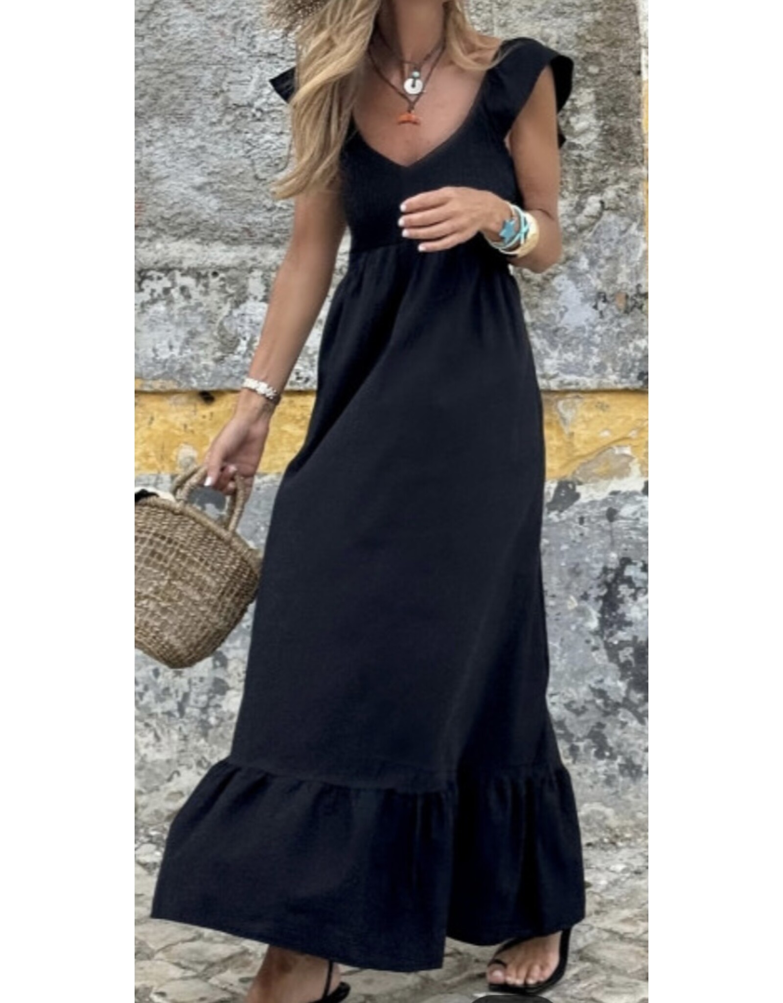 Black V Neck Flutter Maxi Dress