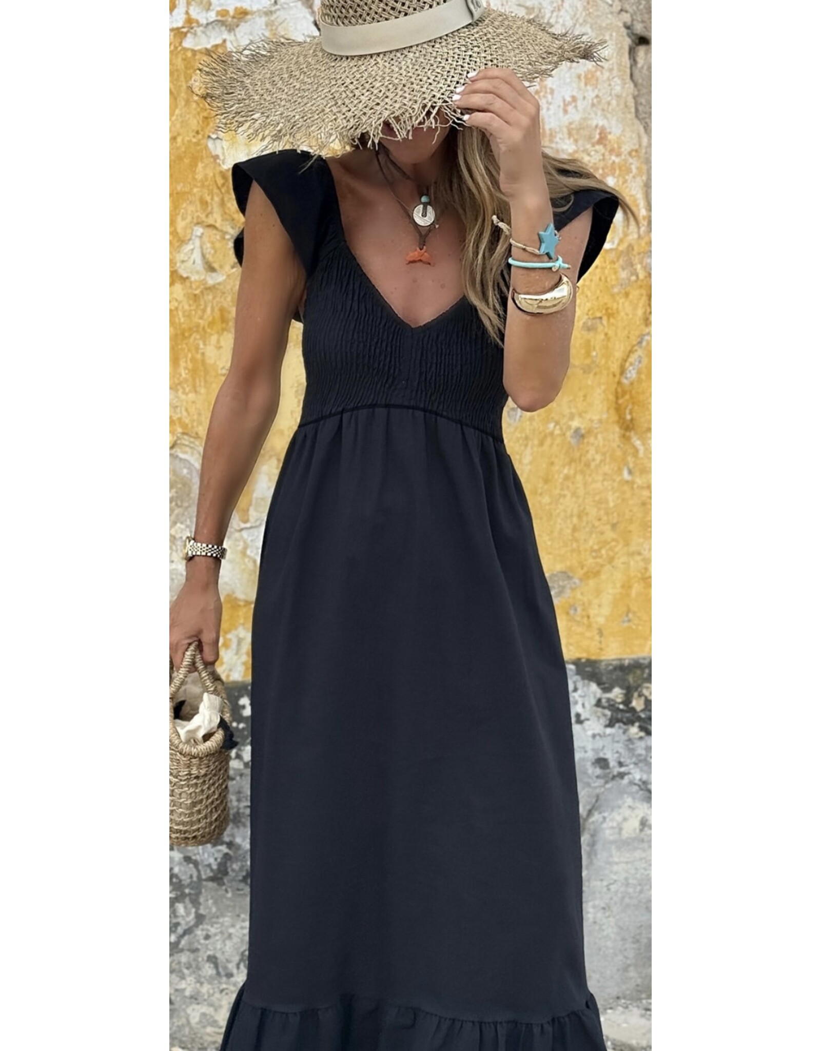 Black V Neck Flutter Maxi Dress