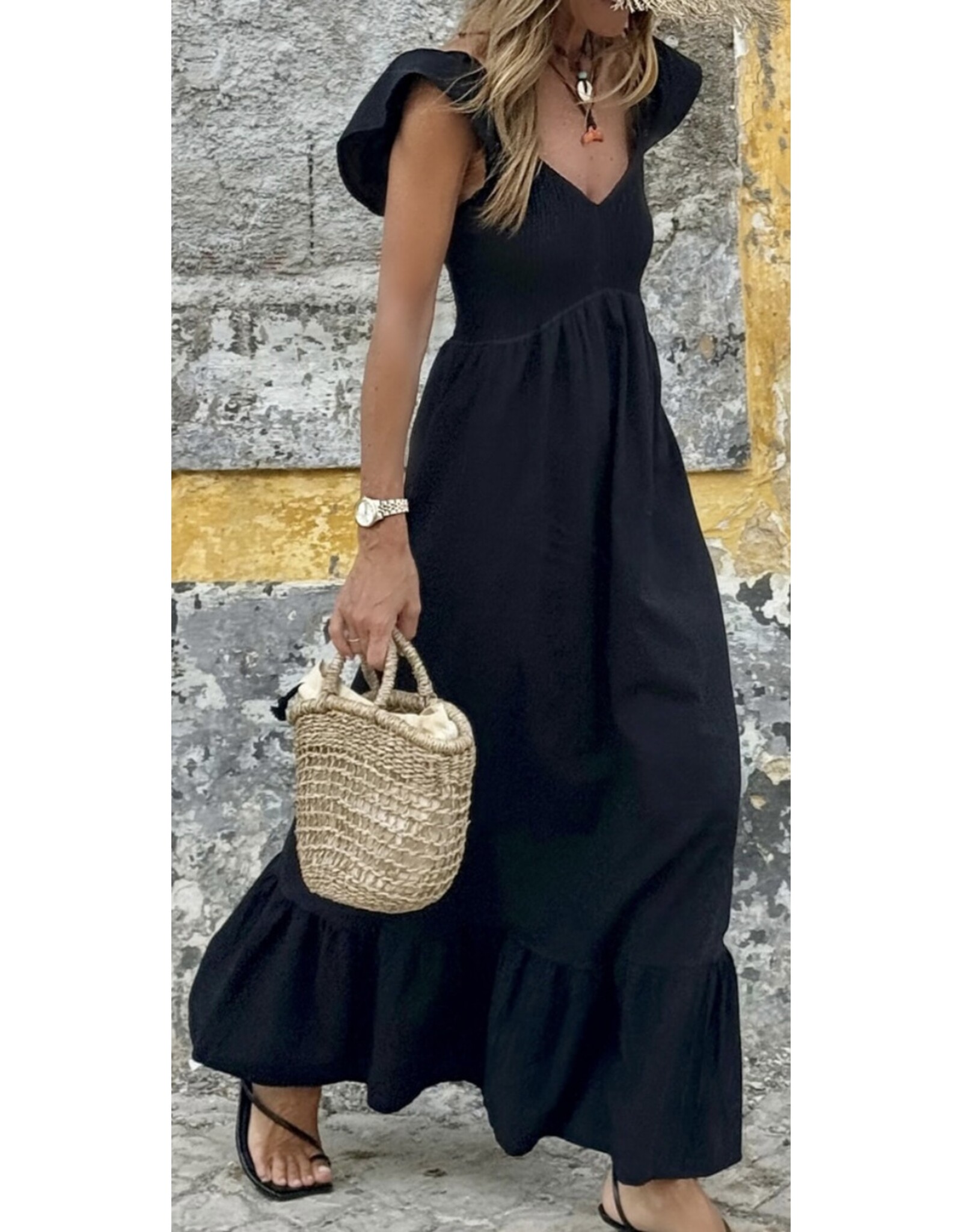Black V Neck Flutter Maxi Dress