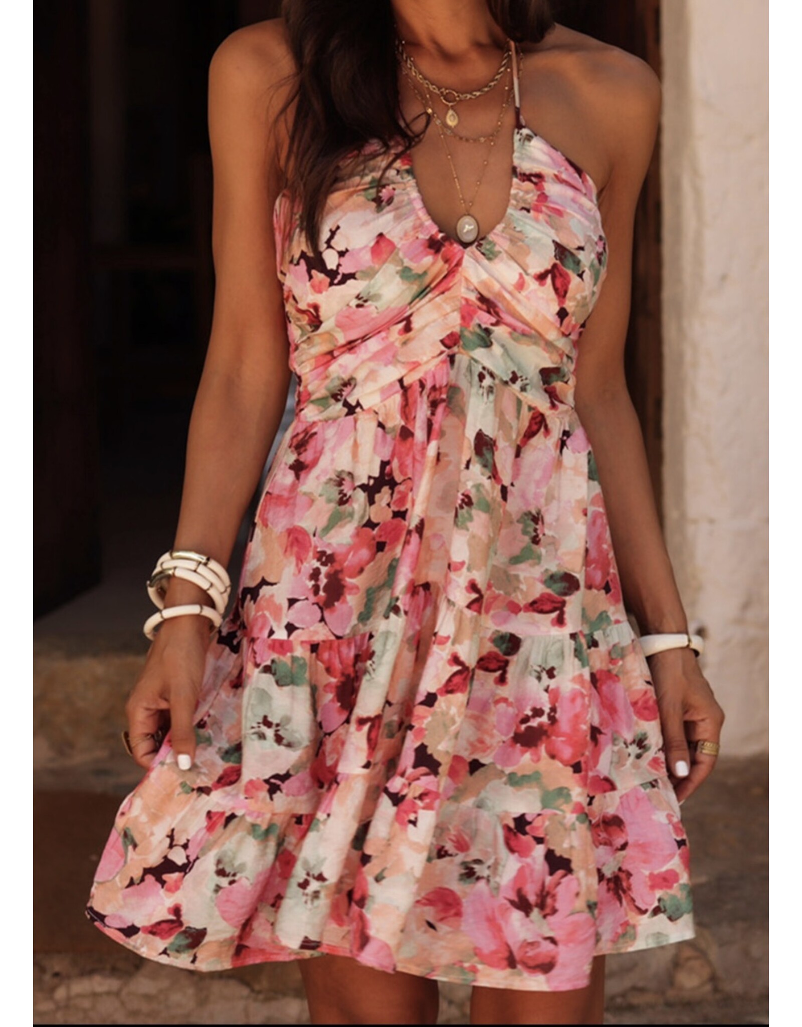 Pink Floral Halter Neck Ruffled Mini Dress