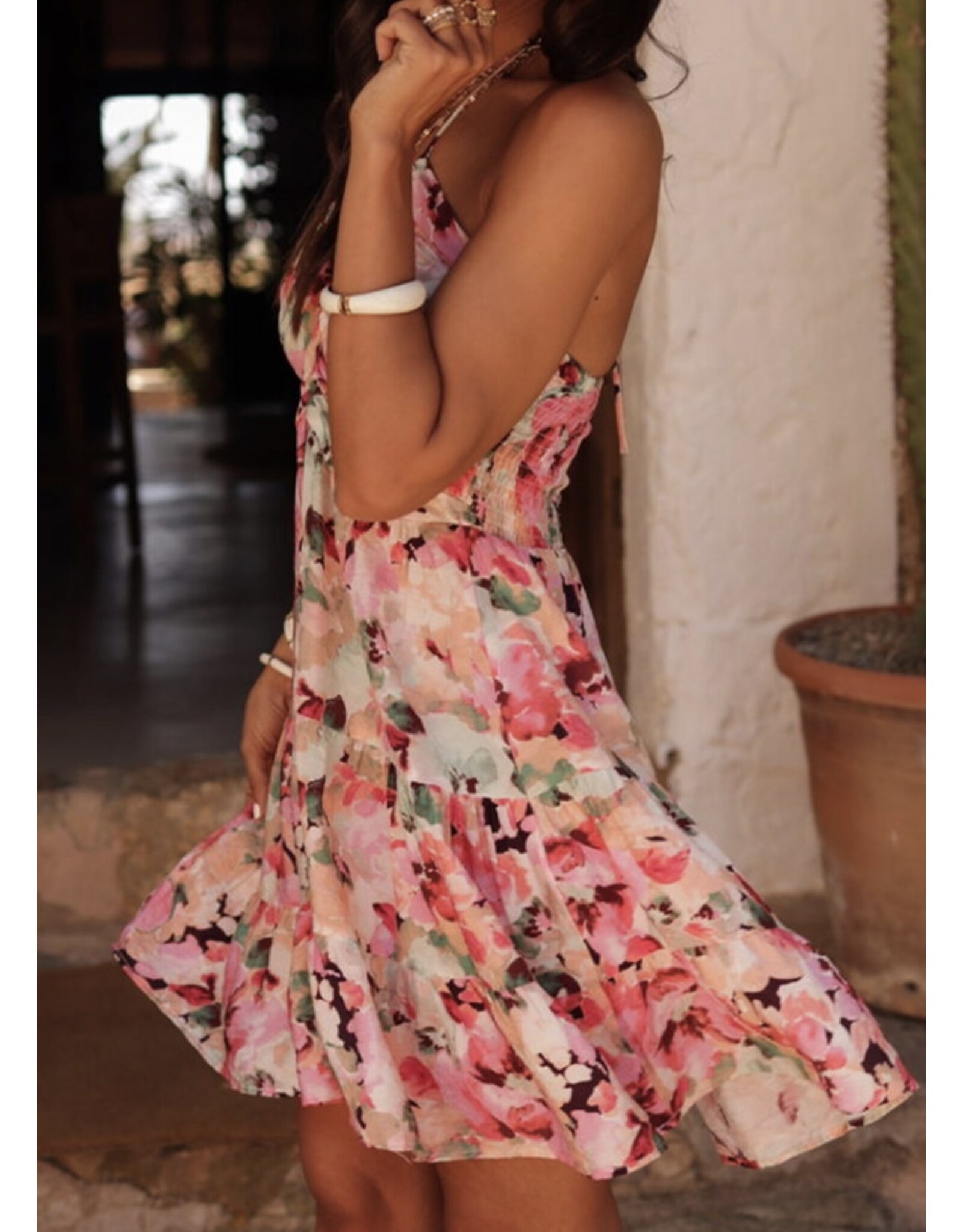 Pink Floral Halter Neck Ruffled Mini Dress
