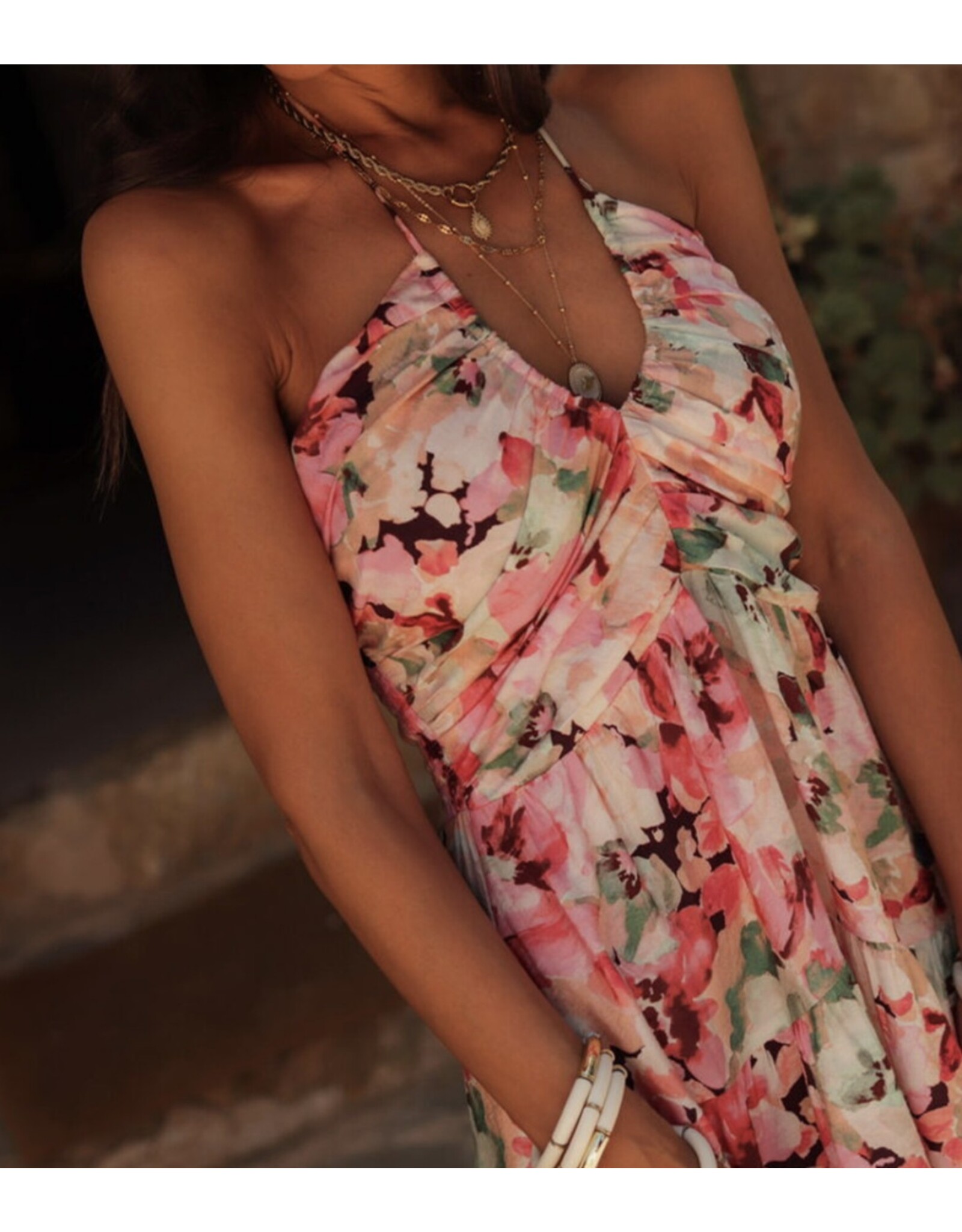 Pink Floral Halter Neck Ruffled Mini Dress
