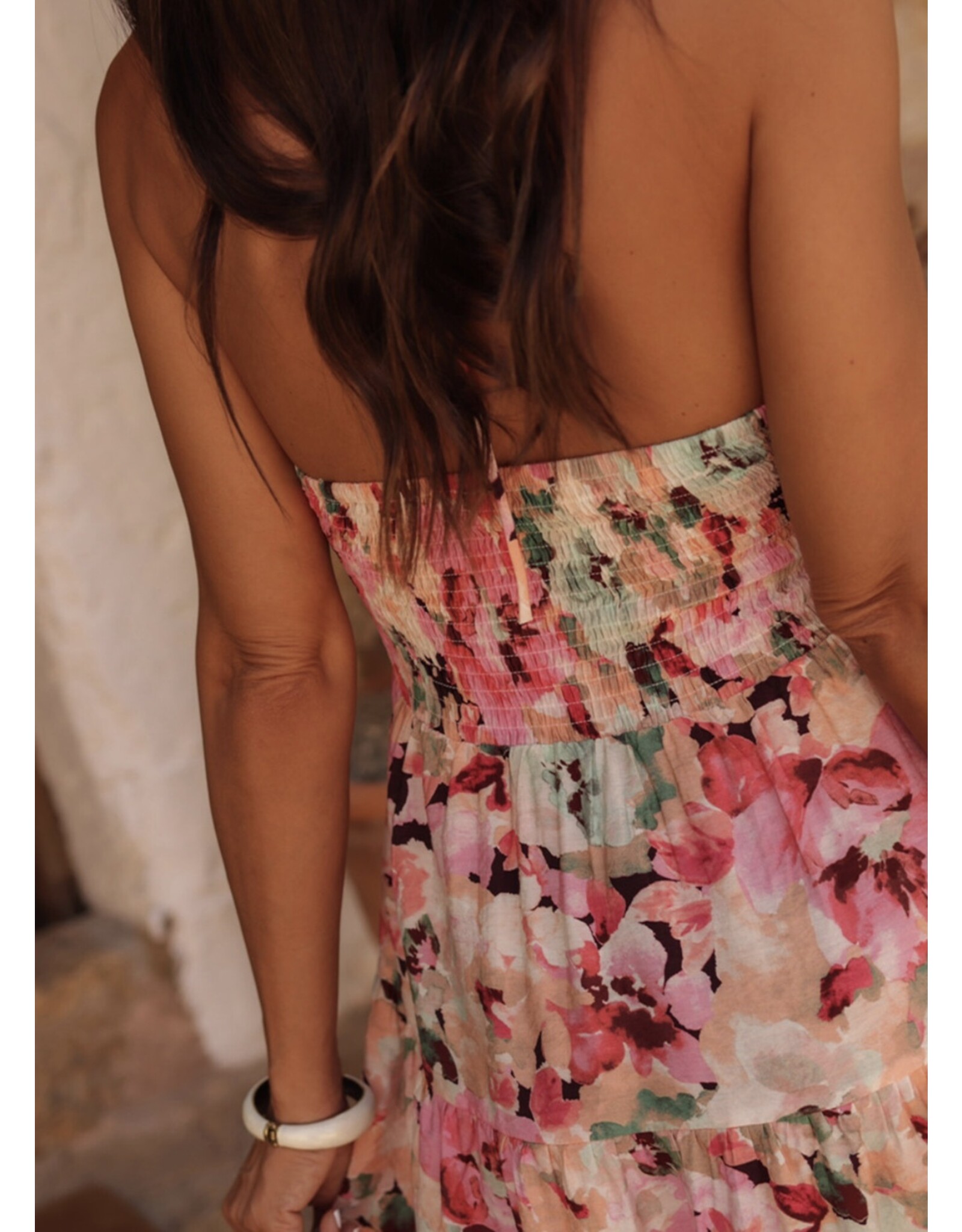 Pink Floral Halter Neck Ruffled Mini Dress