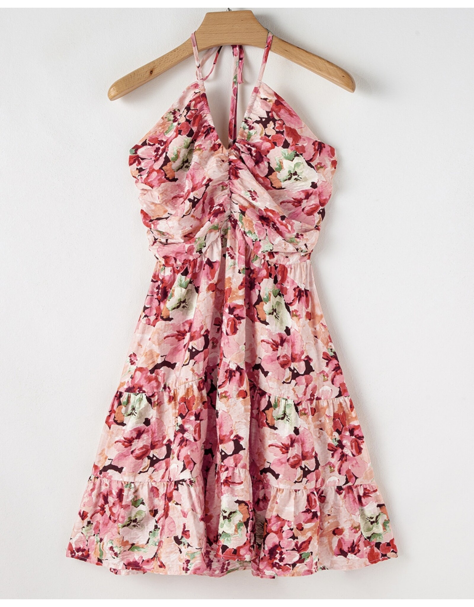 Pink Floral Halter Neck Ruffled Mini Dress