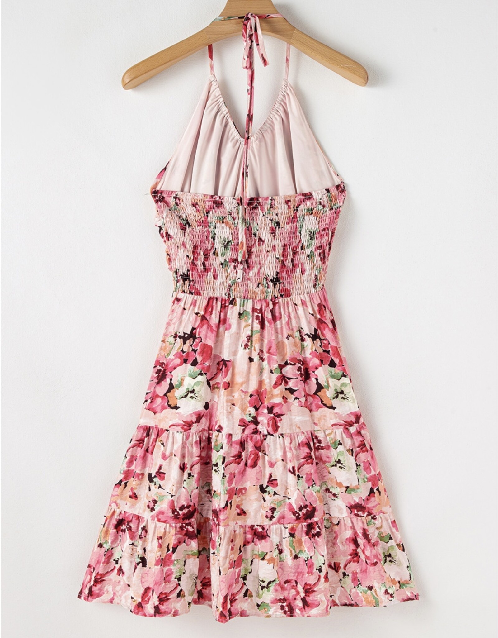 Pink Floral Halter Neck Ruffled Mini Dress