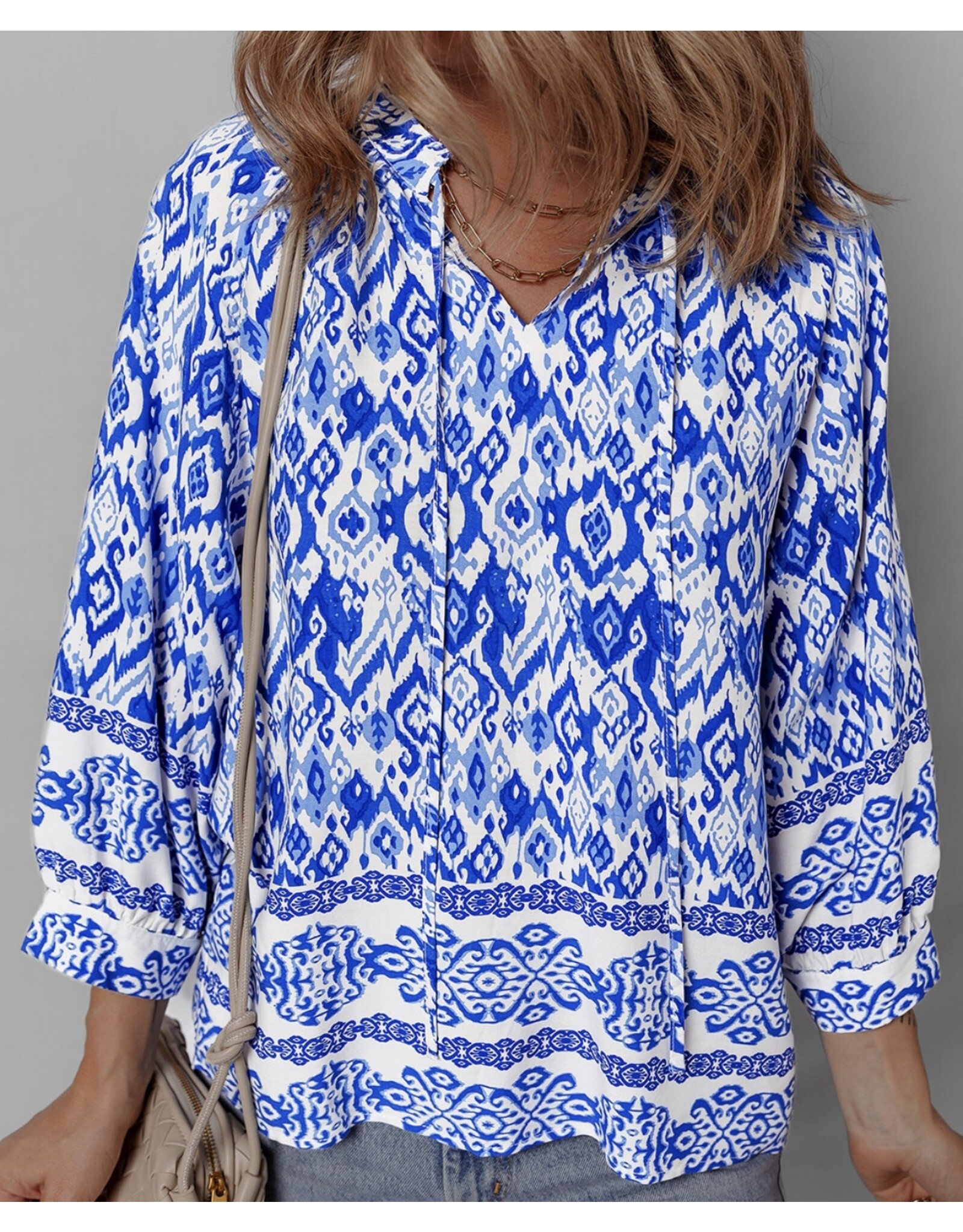 Blue Boho Tied Neck Blouse