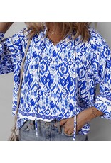 Blue Boho Tied Neck Blouse