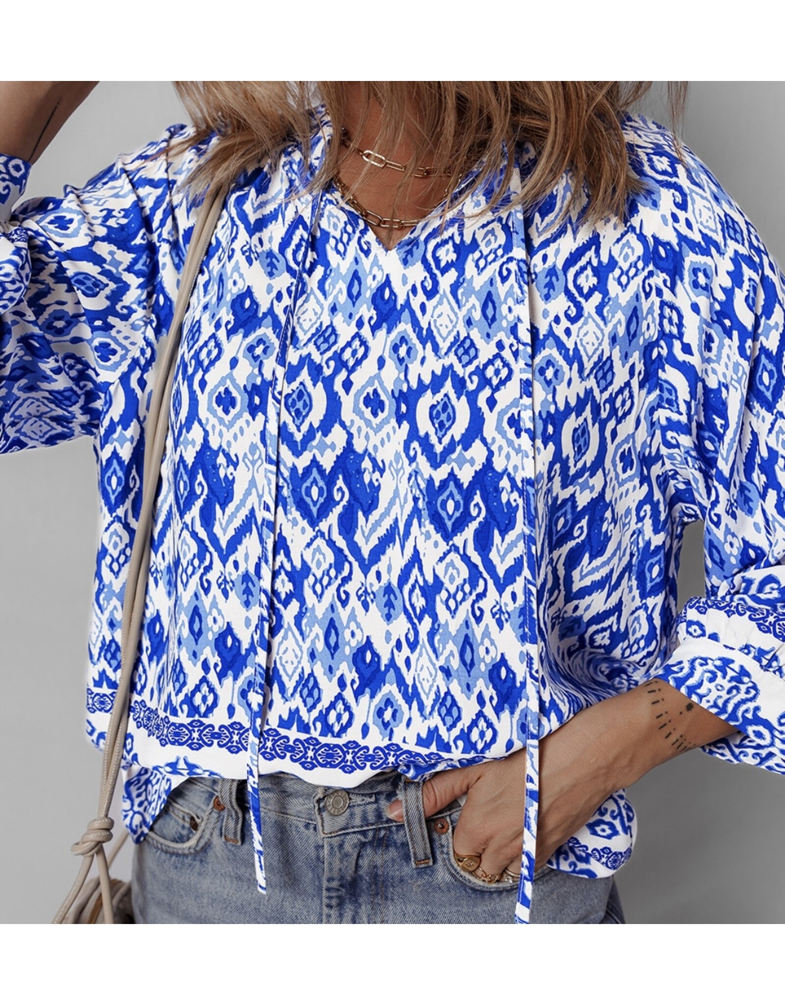 Blue Boho Tied Neck Blouse