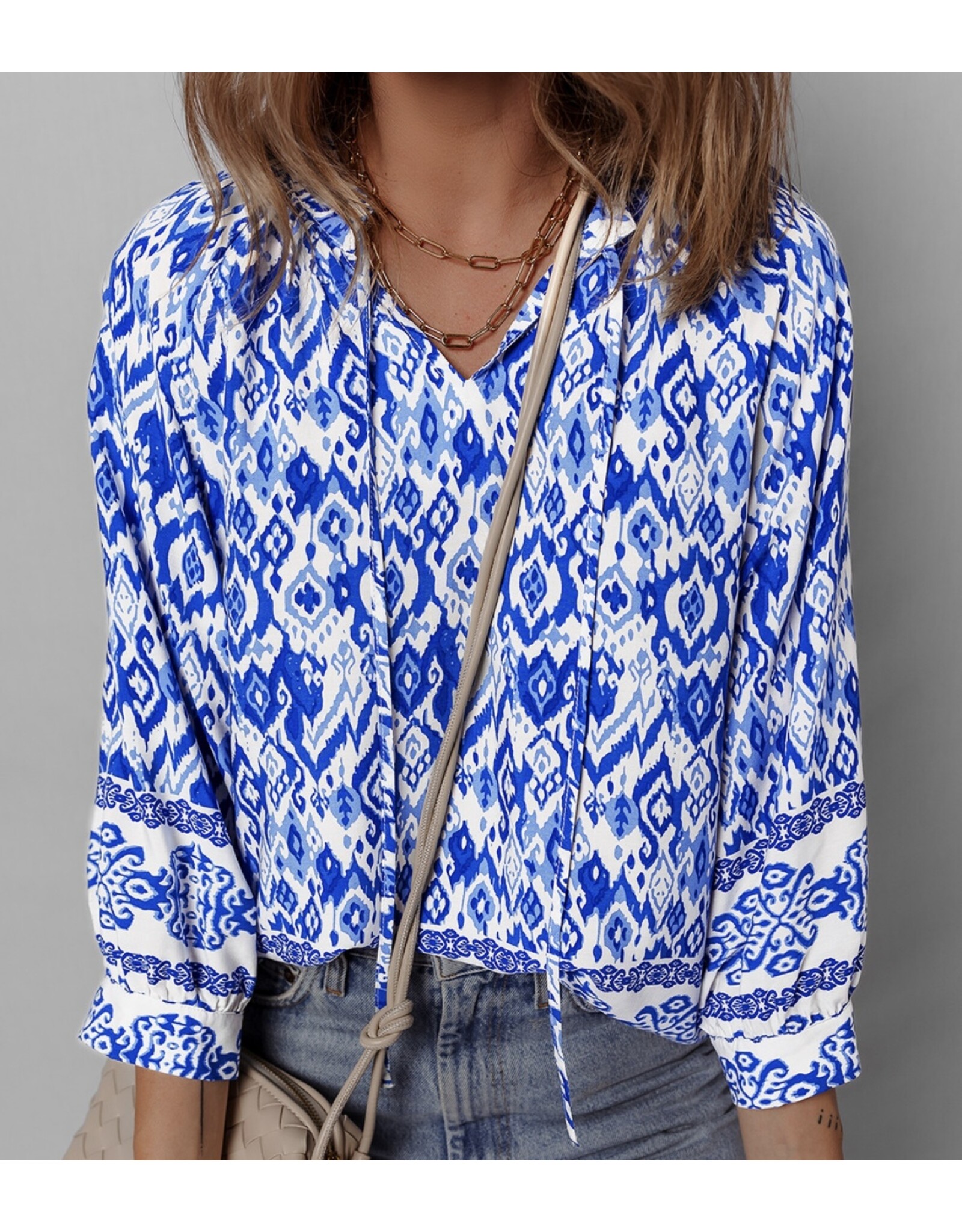 Blue Boho Tied Neck Blouse