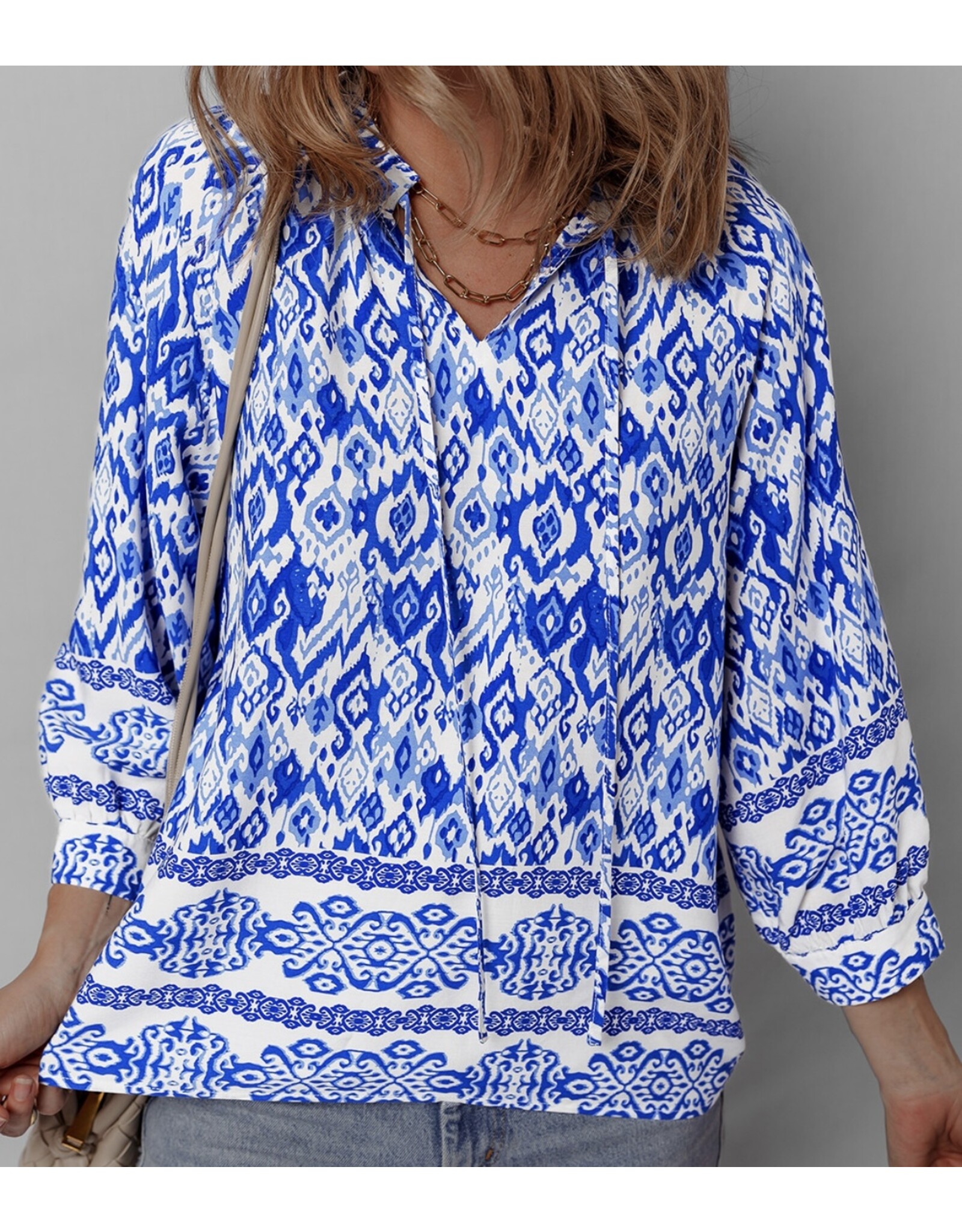 Blue Boho Tied Neck Blouse