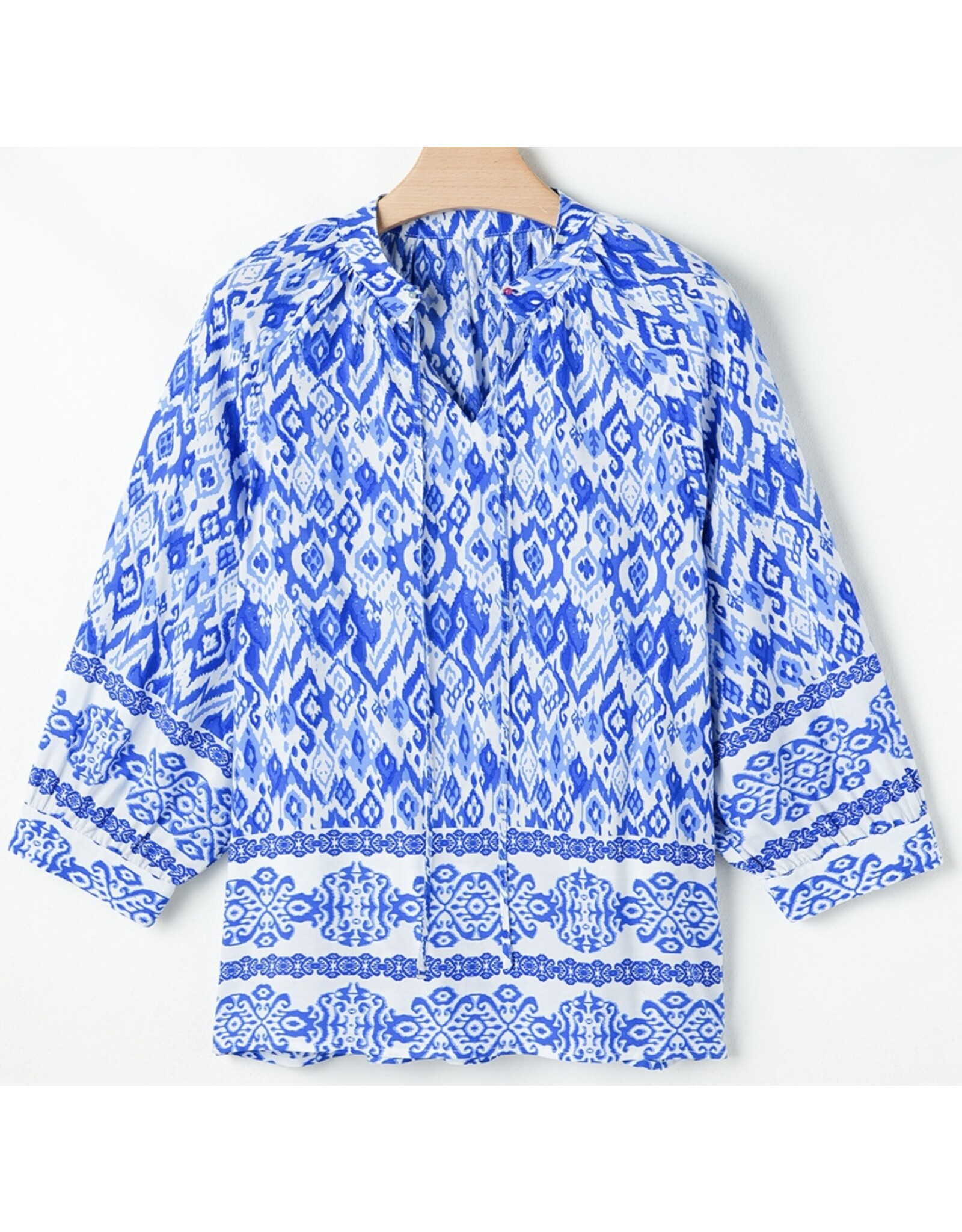 Blue Boho Tied Neck Blouse