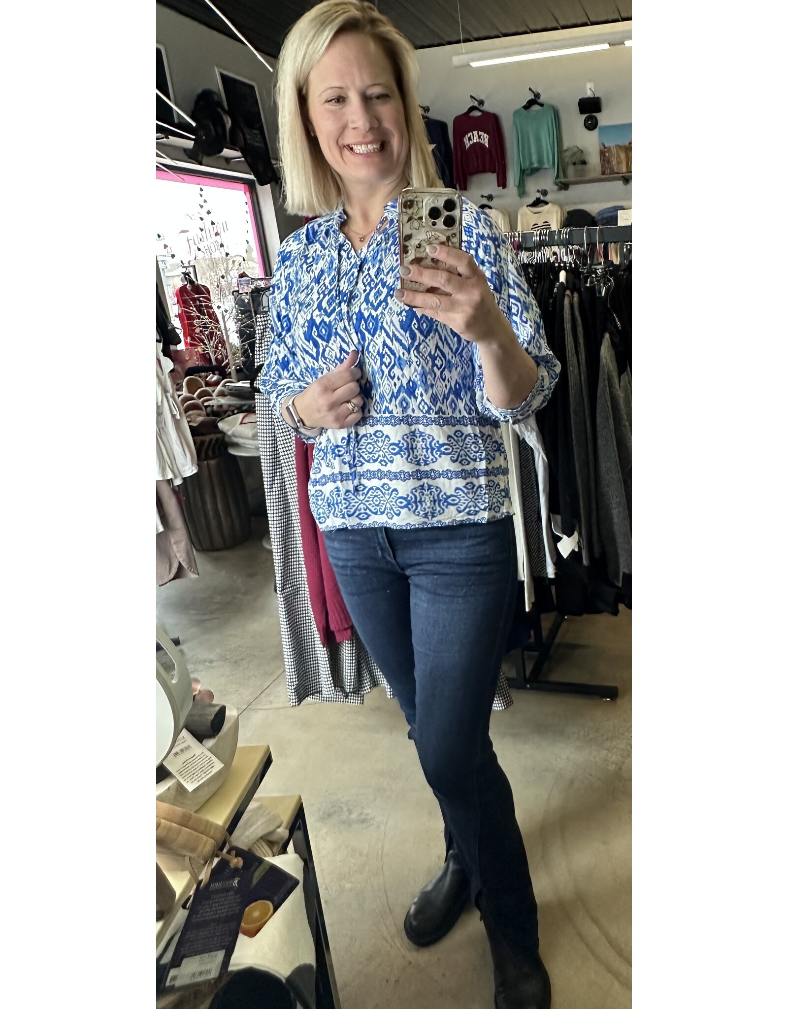 Blue Boho Tied Neck Blouse