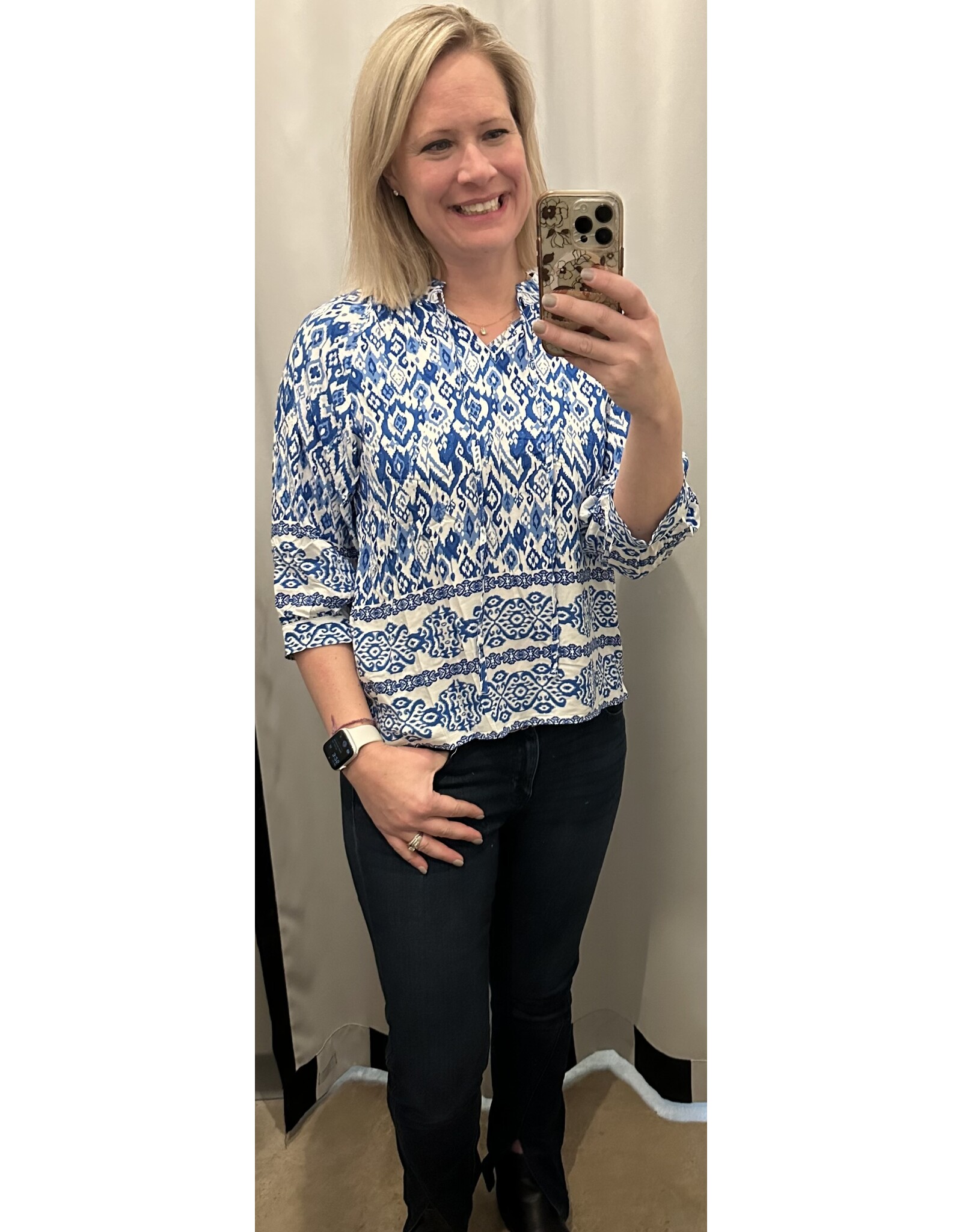Blue Boho Tied Neck Blouse