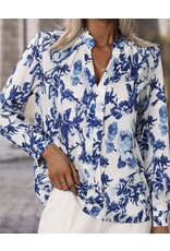 LATA Blue Floral Print Notched Neck Blouse