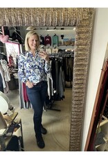 LATA Blue Floral Print Notched Neck Blouse
