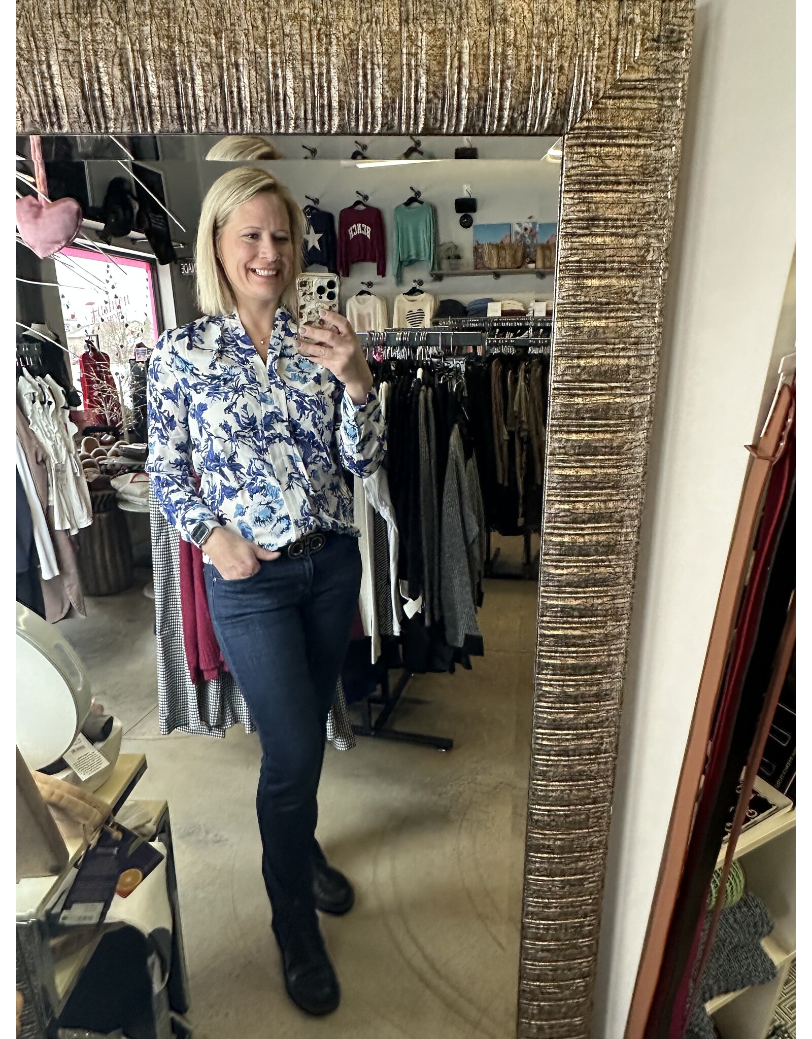 LATA Blue Floral Print Notched Neck Blouse