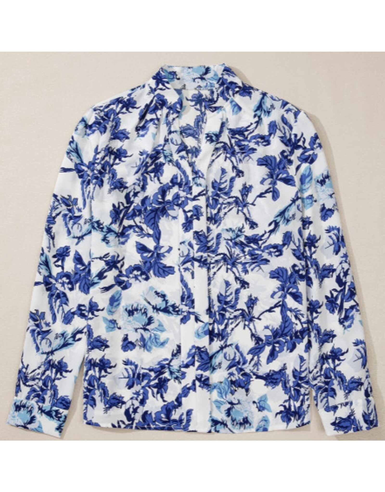 LATA Blue Floral Print Notched Neck Blouse