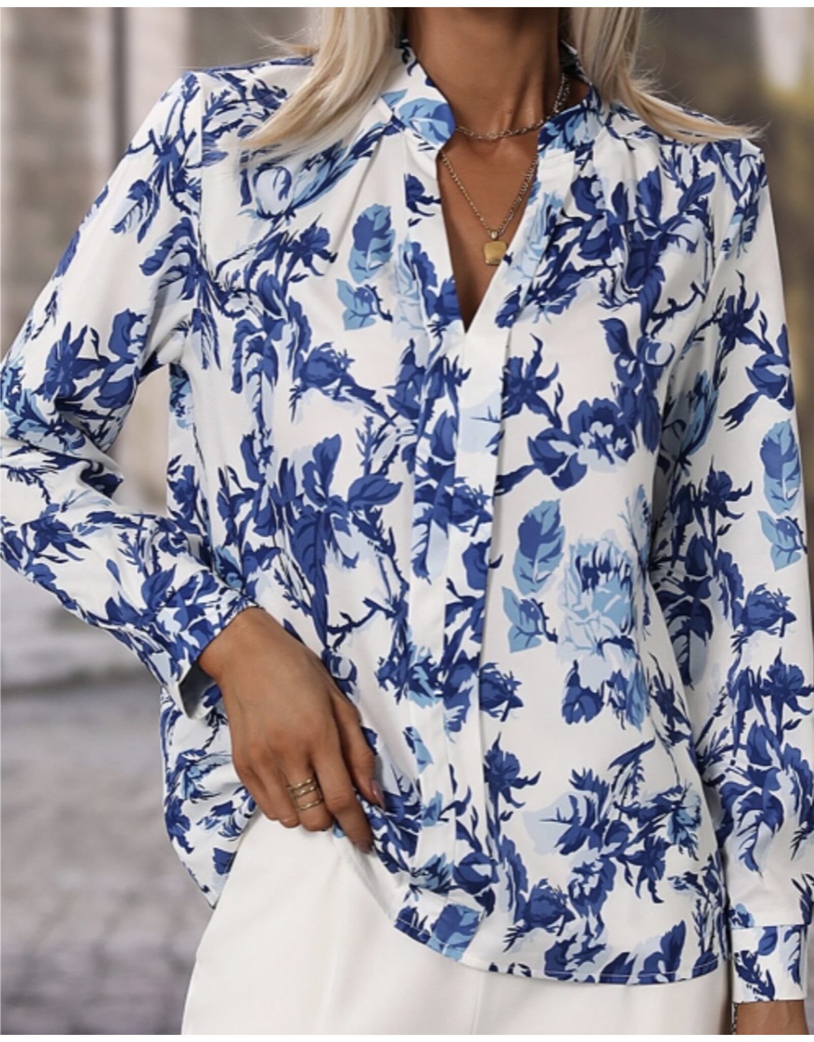 LATA Blue Floral Print Notched Neck Blouse