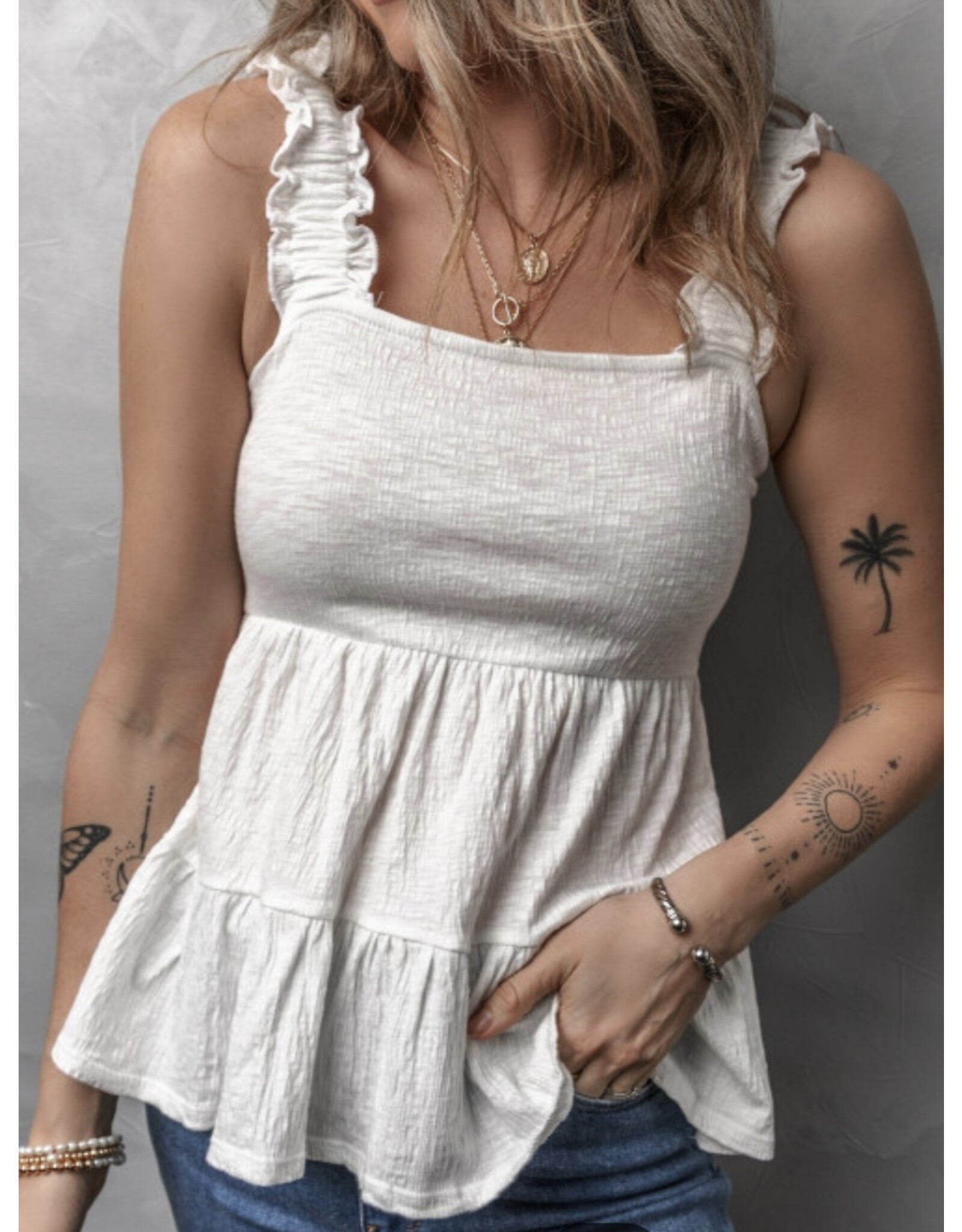 White Crinkly Strap Peplum Babydoll Tank Top