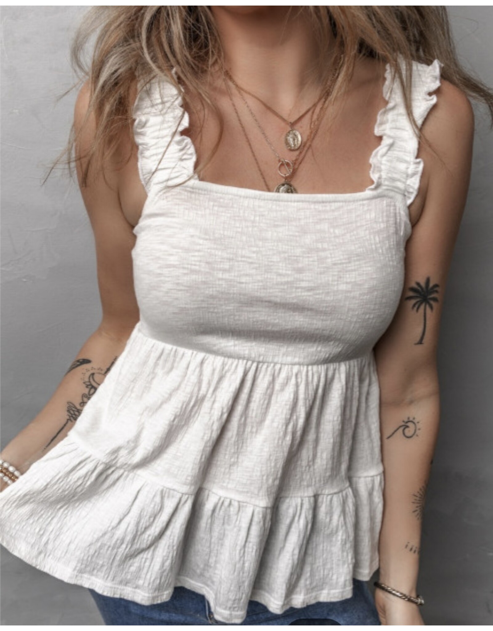 White Crinkly Strap Peplum Babydoll Tank Top