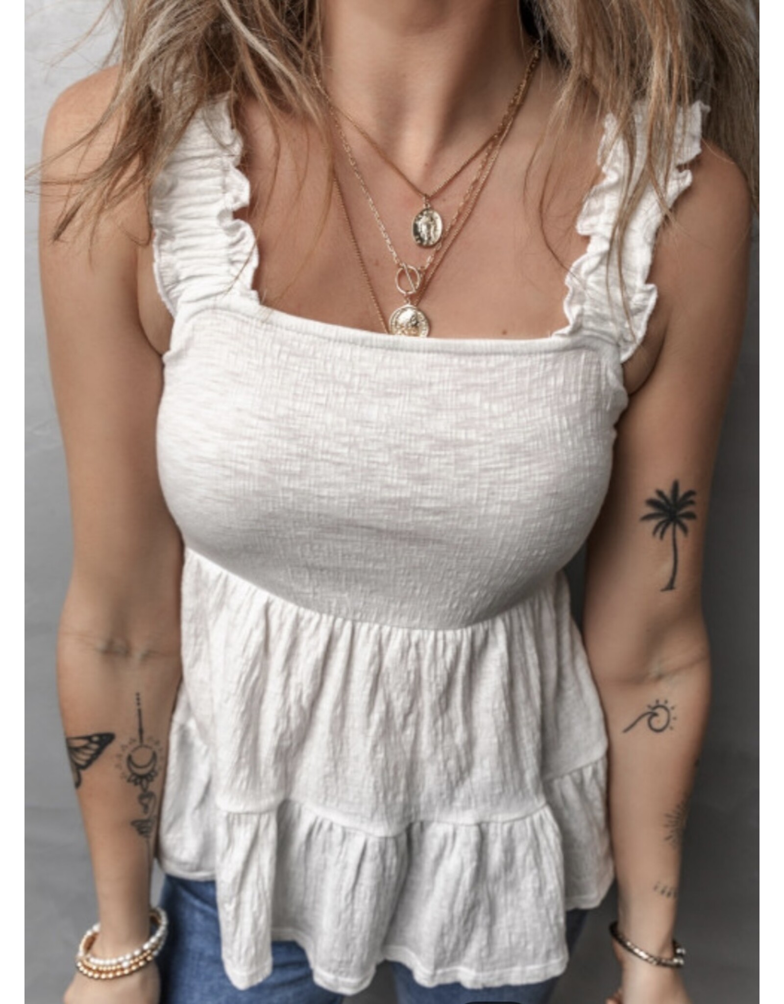 White Crinkly Strap Peplum Babydoll Tank Top