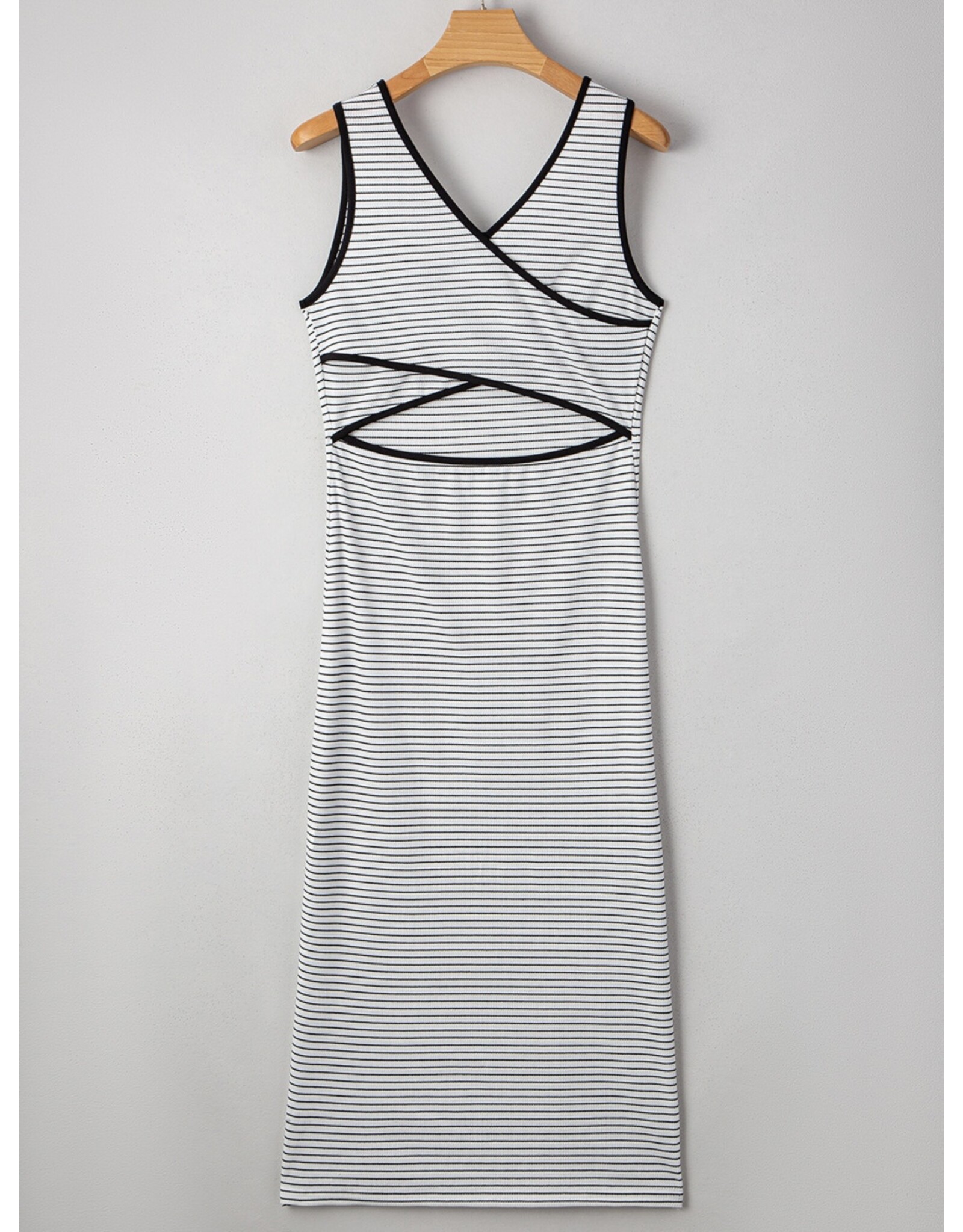 Stripe Criss Cross Slim Fit Sleeveless Midi Dress