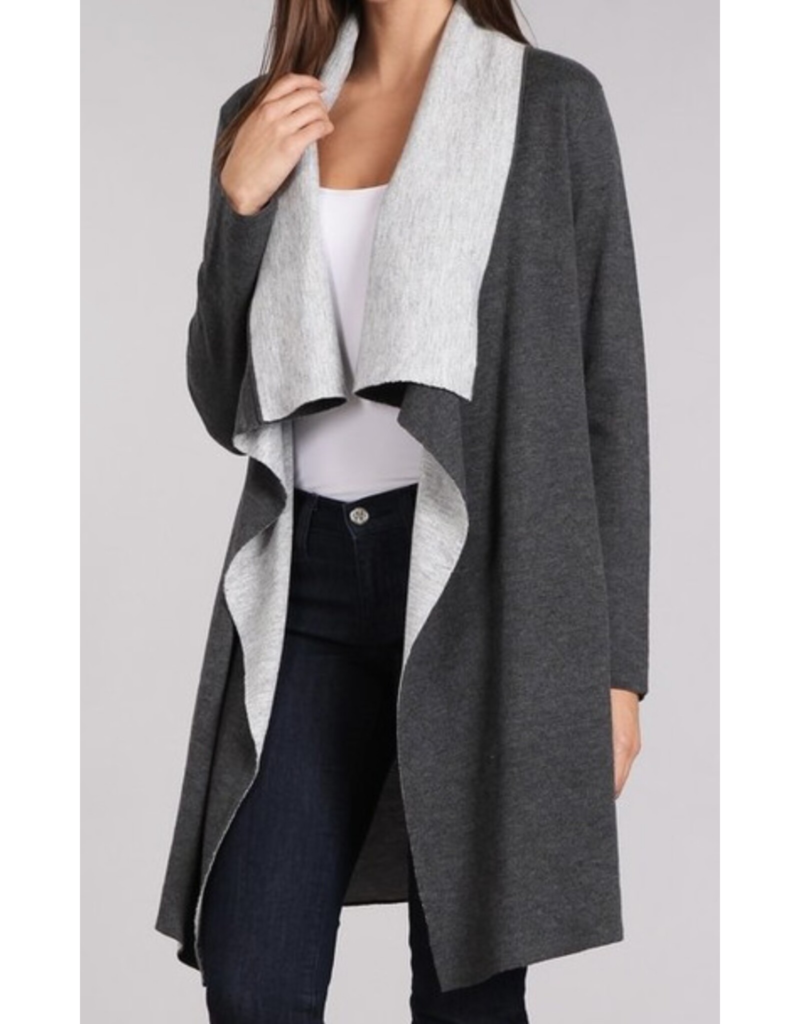 Thigh length two tone open cardigan