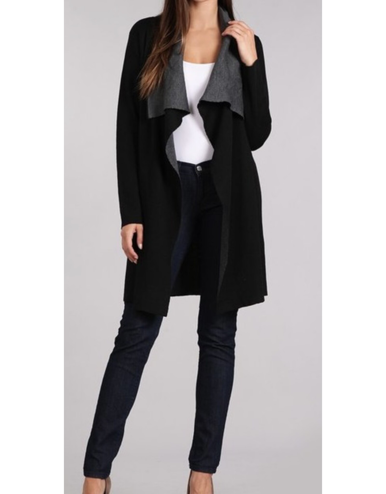 Thigh length two tone open cardigan