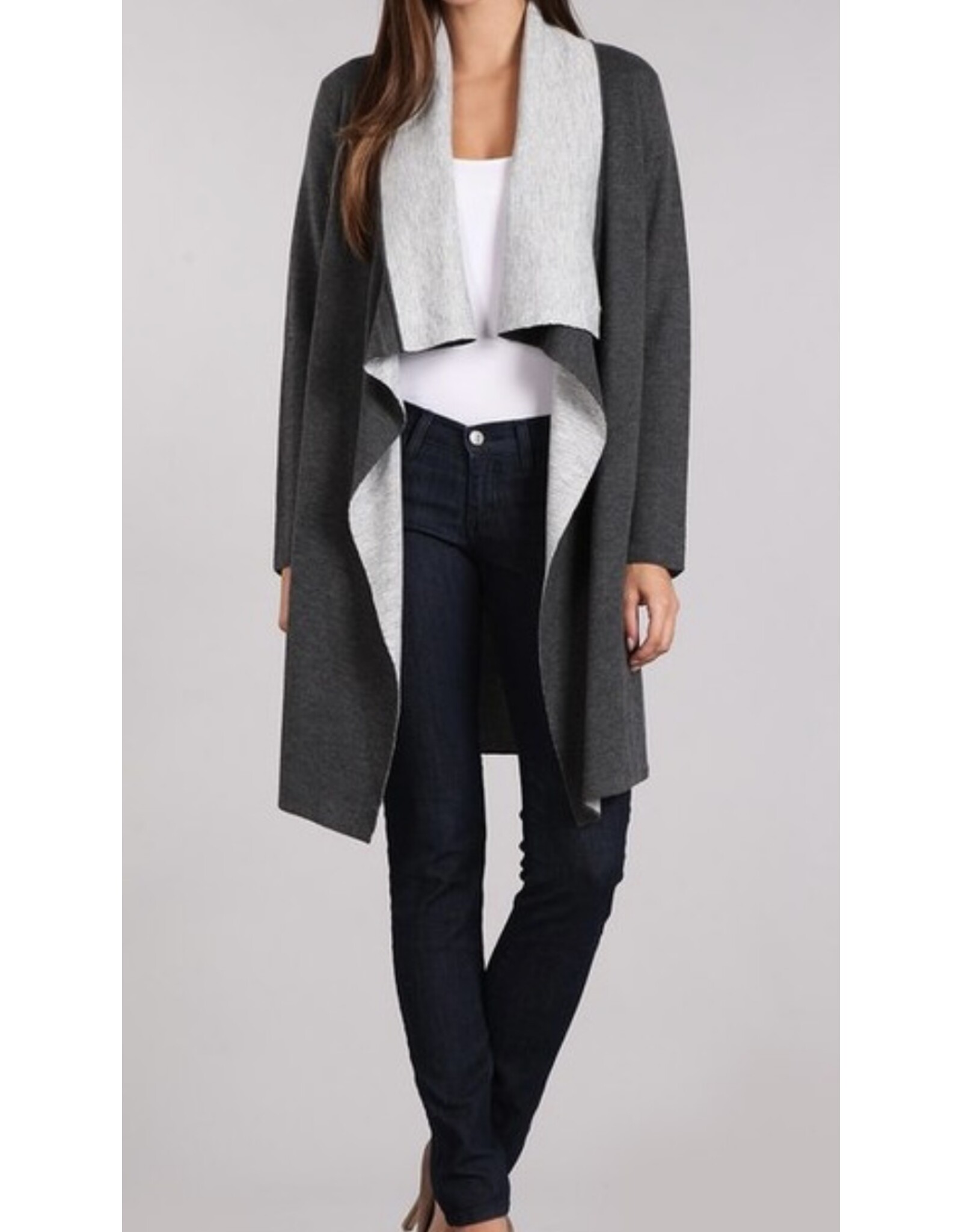 Thigh length two tone open cardigan