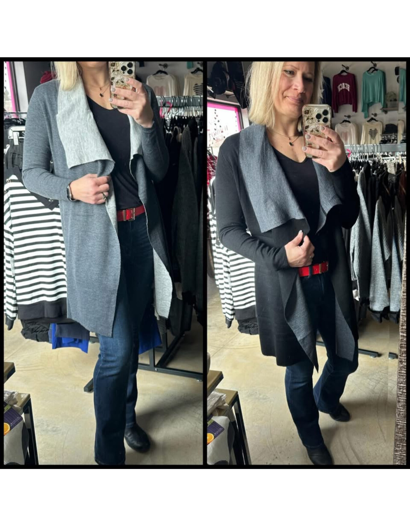 Thigh length two tone open cardigan