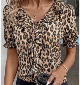 Ruffled neck animal print puff short slv top