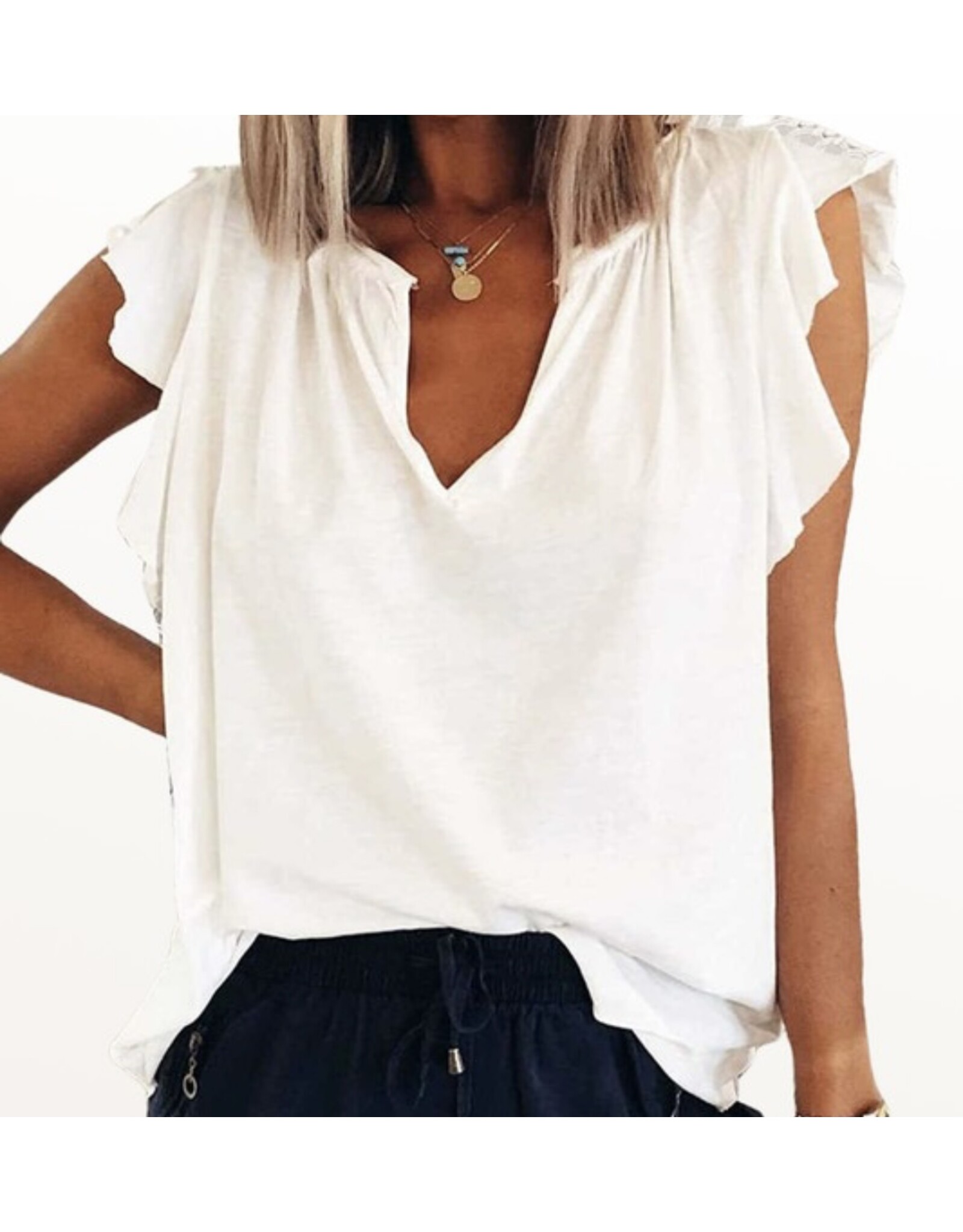 Notched neck ruffle slv top