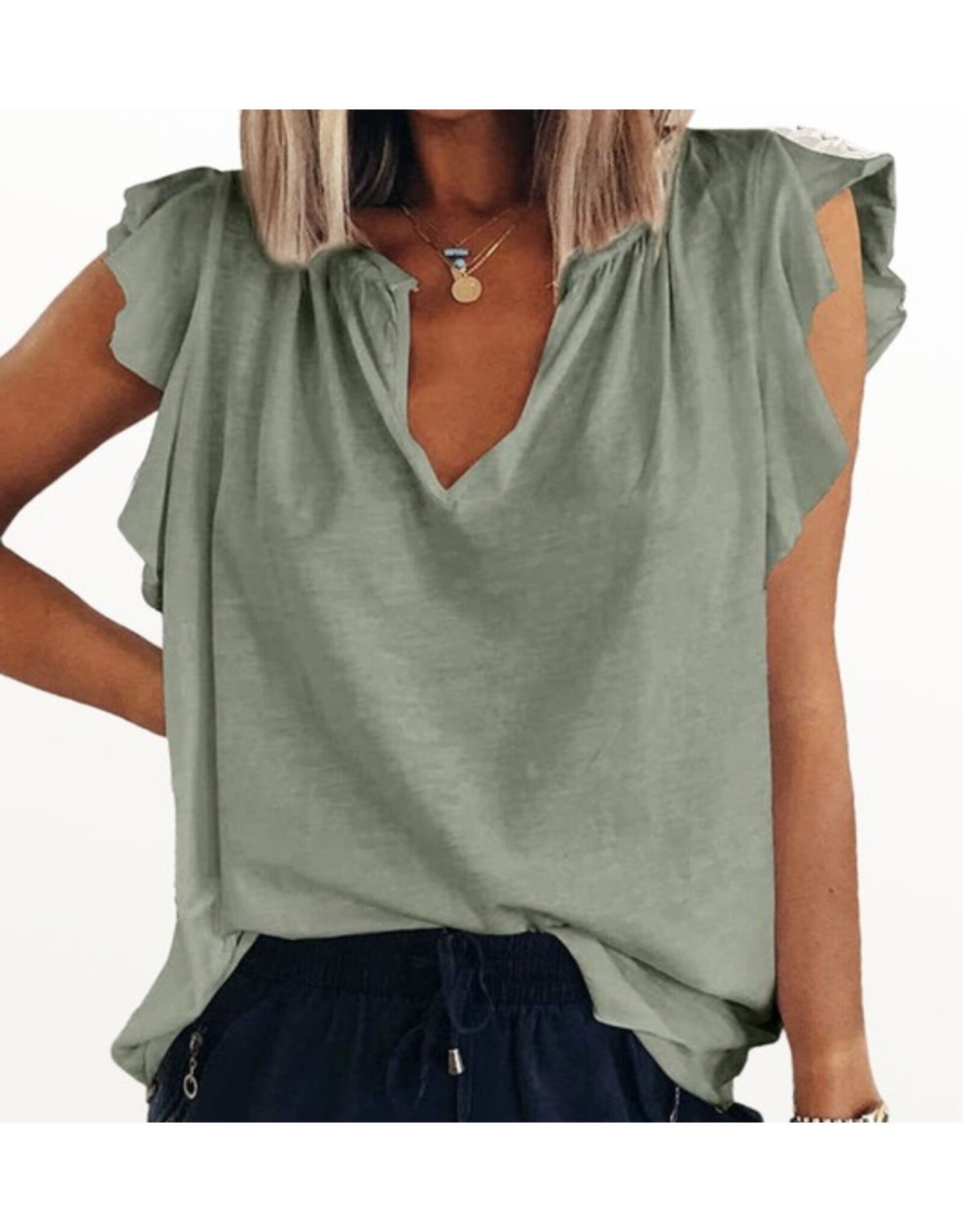 Notched neck ruffle slv top