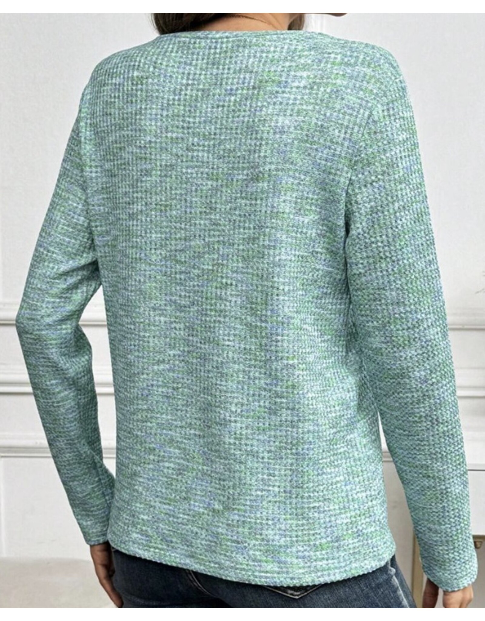 LATA Buttoned V Neck Textured Knit Long Sleeve Top