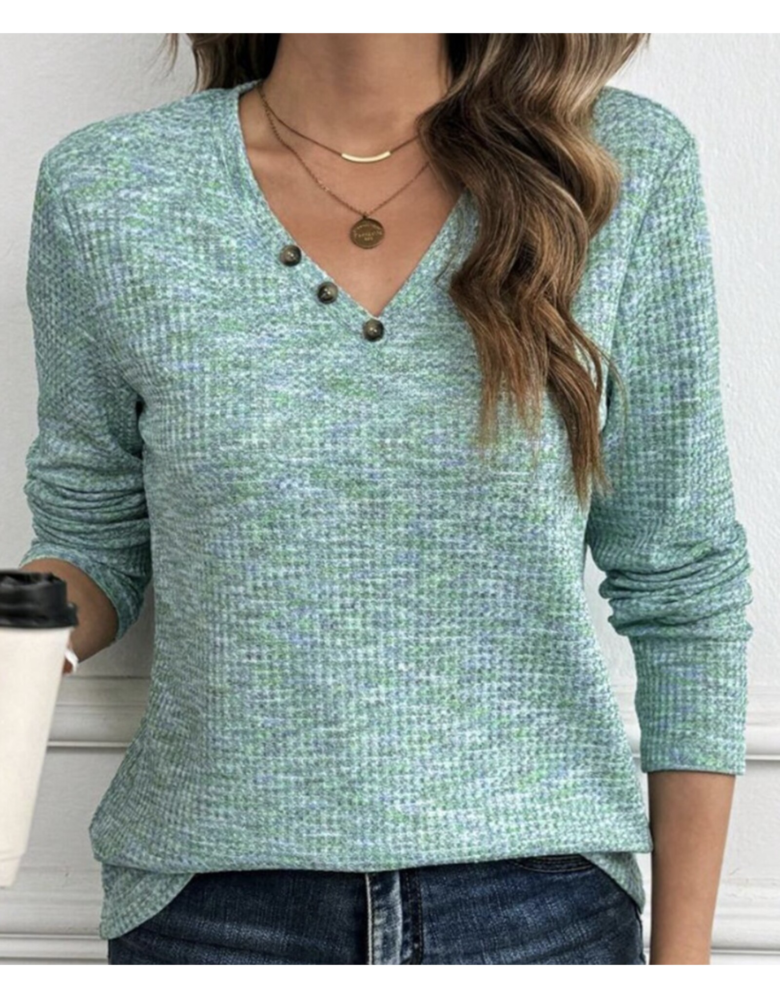 LATA Buttoned V Neck Textured Knit Long Sleeve Top