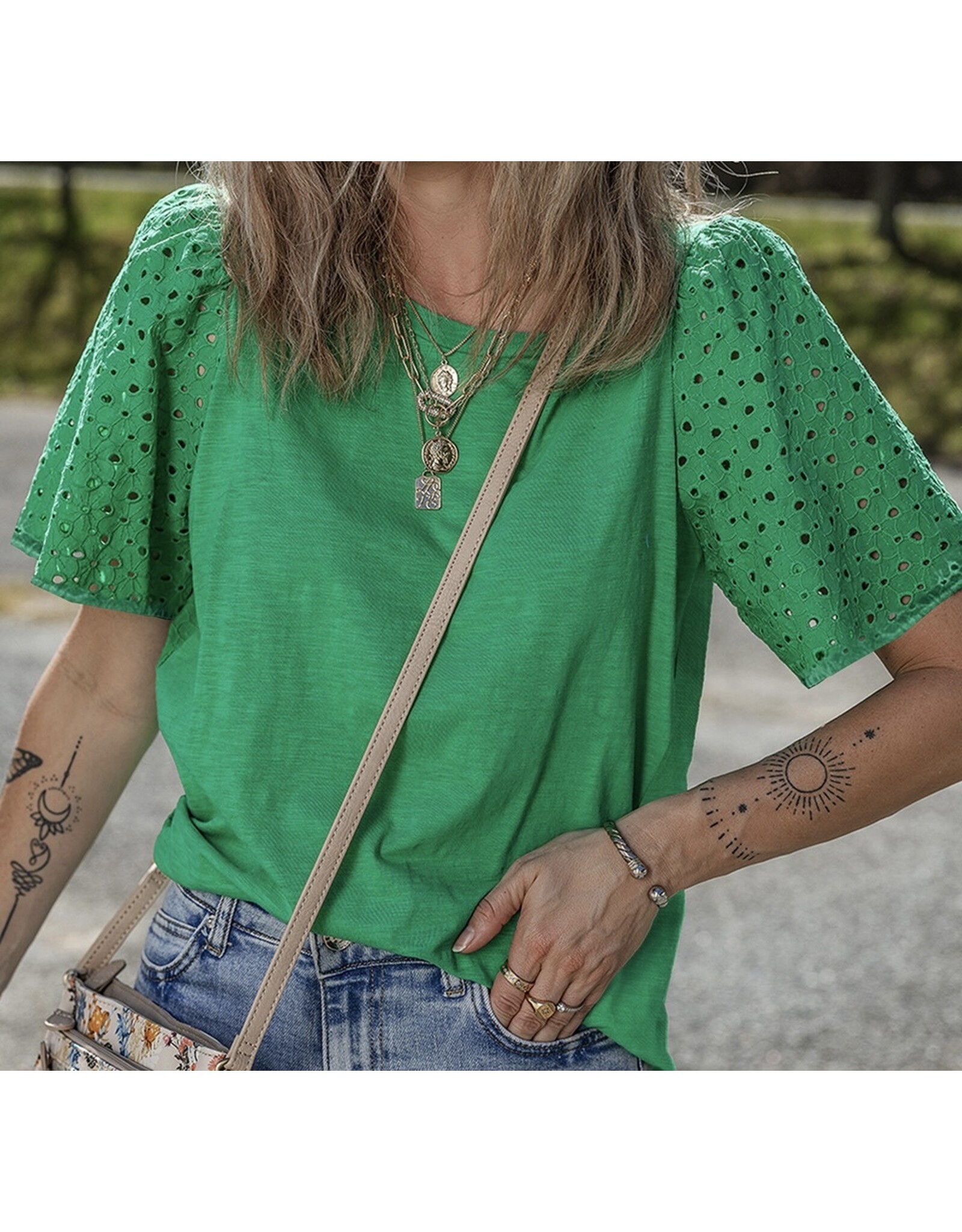 LATA Green Eyelet Embroidered Patchwork Top