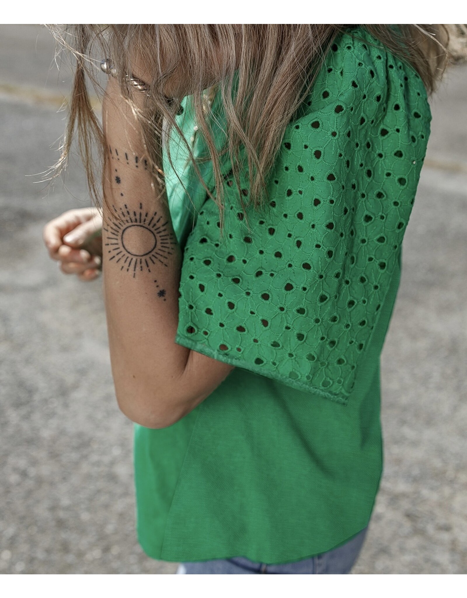 LATA Green Eyelet Embroidered Patchwork Top