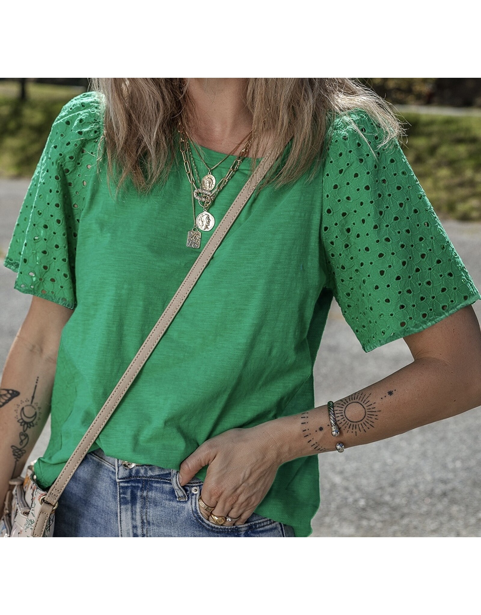 LATA Green Eyelet Embroidered Patchwork Top