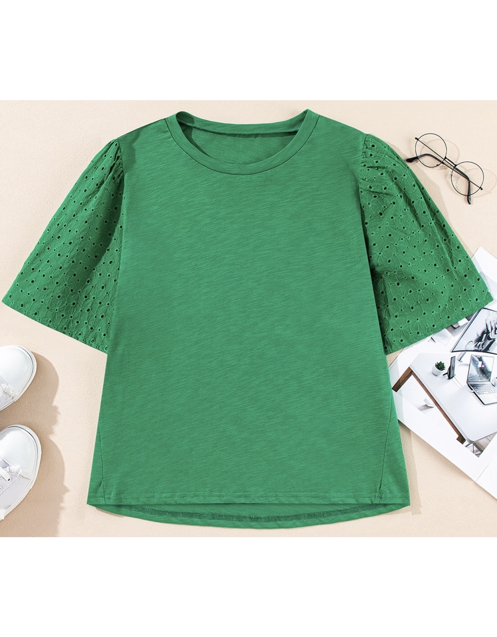 LATA Green Eyelet Embroidered Patchwork Top