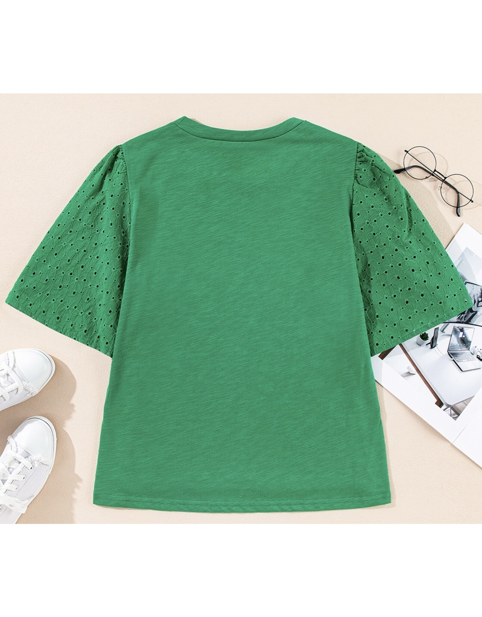 LATA Green Eyelet Embroidered Patchwork Top