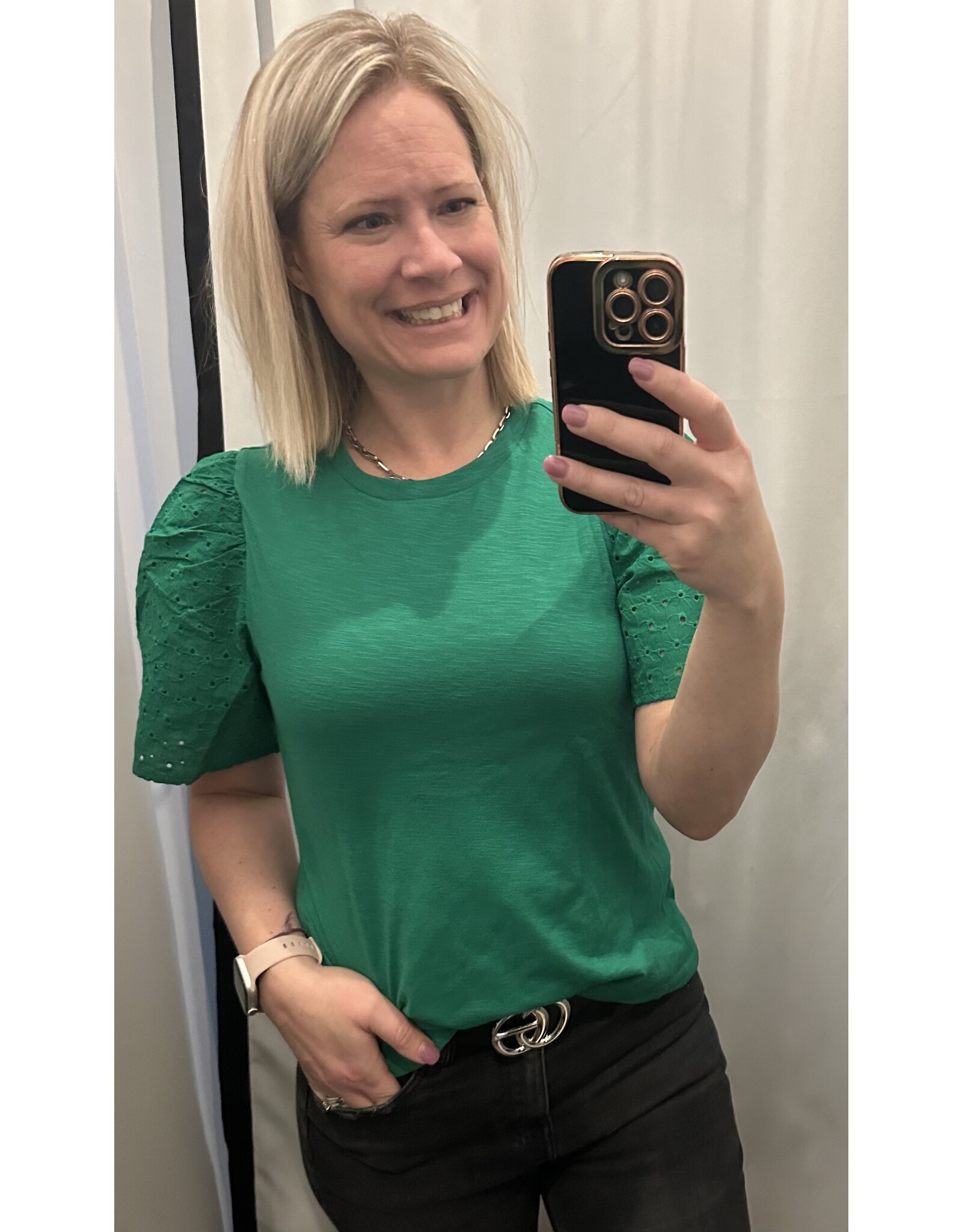 LATA Green Eyelet Embroidered Patchwork Top