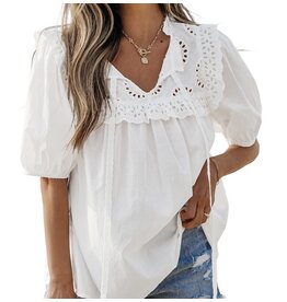 LATA White Embroidered Patchwork Tie Blouse