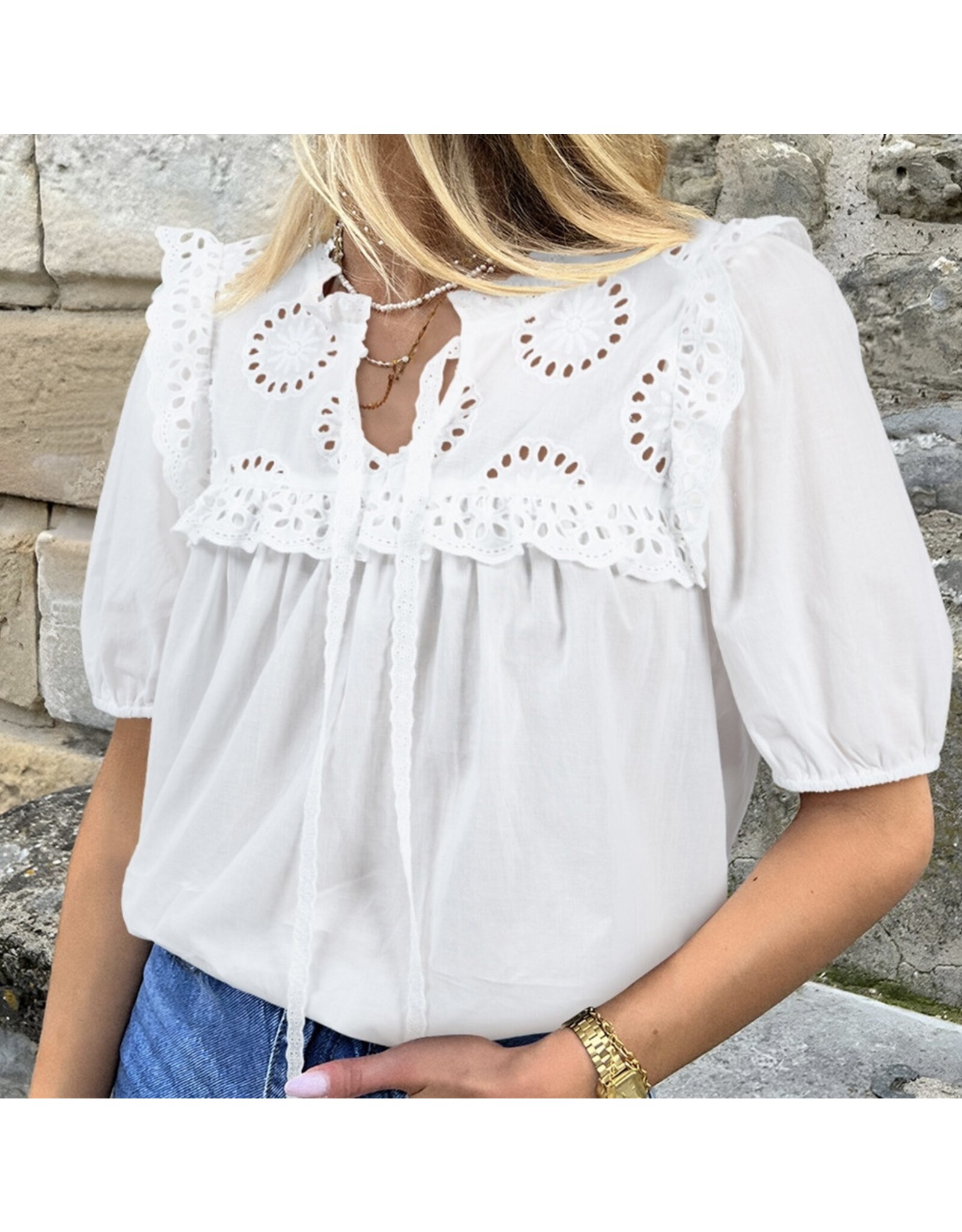 LATA White Embroidered Patchwork Tie Blouse