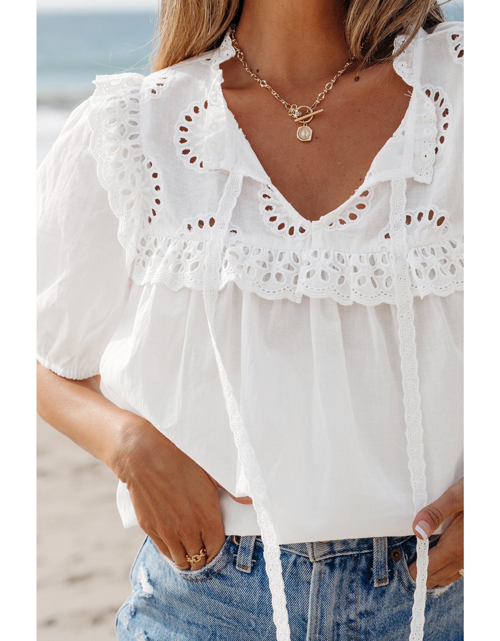 LATA White Embroidered Patchwork Tie Blouse