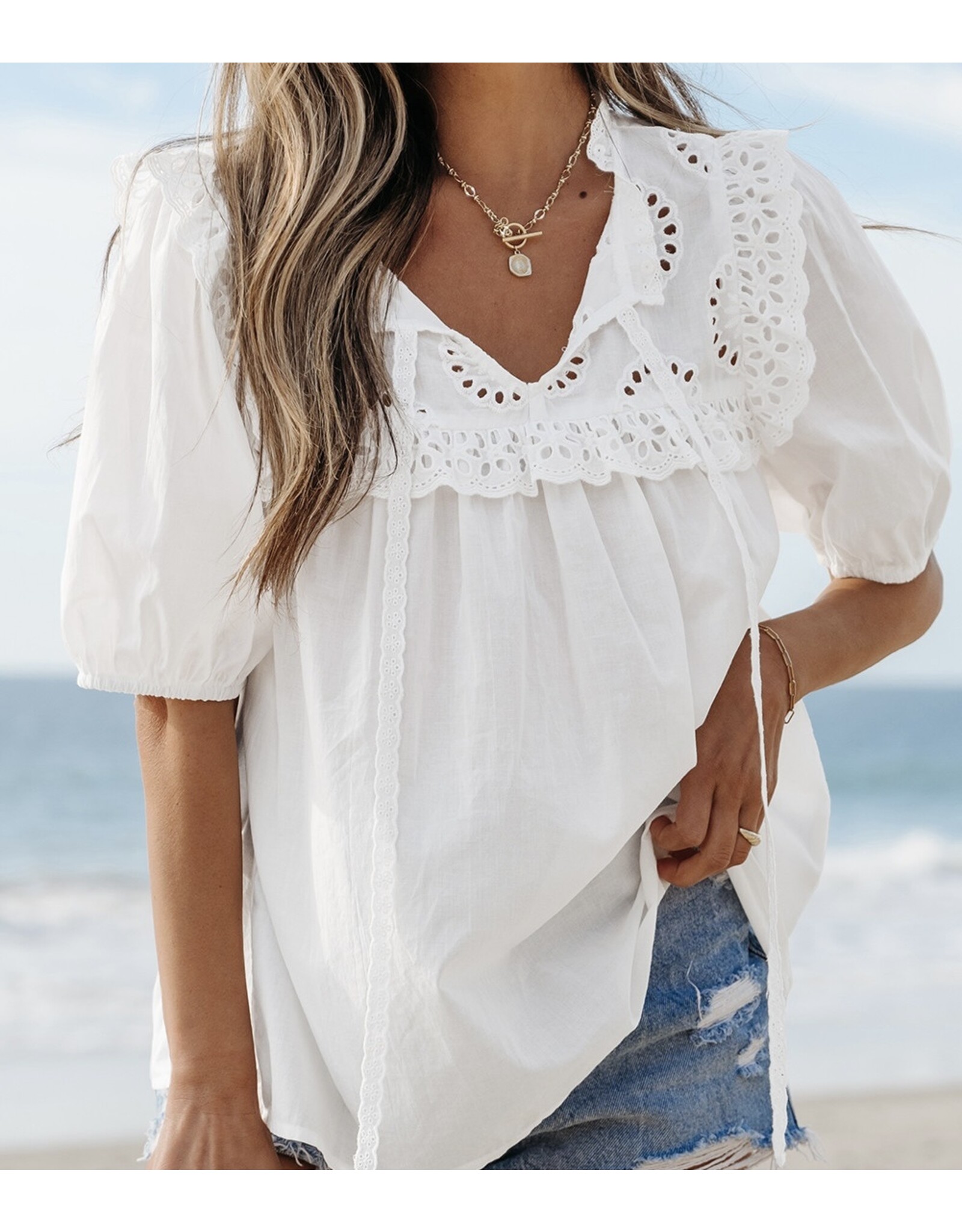 LATA White Embroidered Patchwork Tie Blouse
