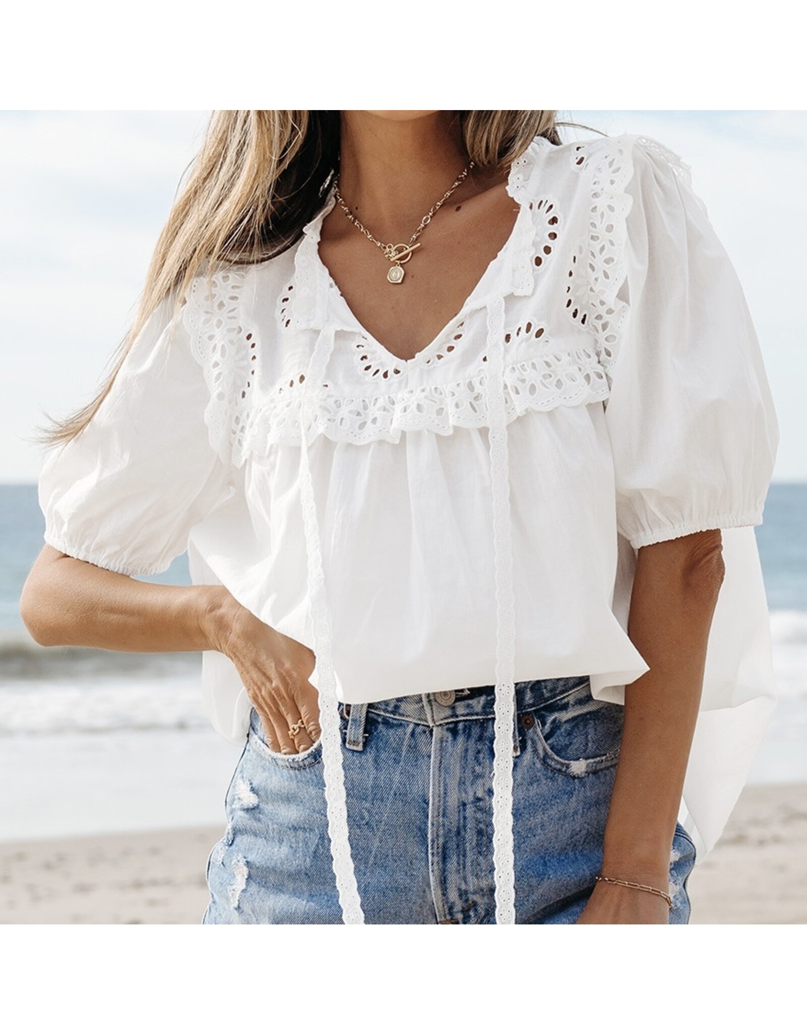 LATA White Embroidered Patchwork Tie Blouse
