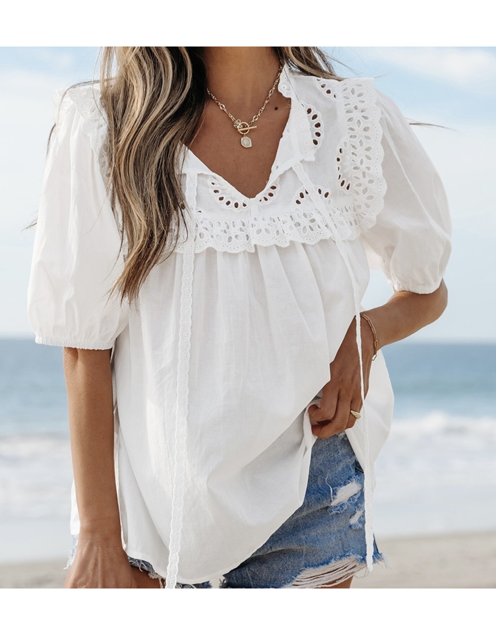 LATA White Embroidered Patchwork Tie Blouse