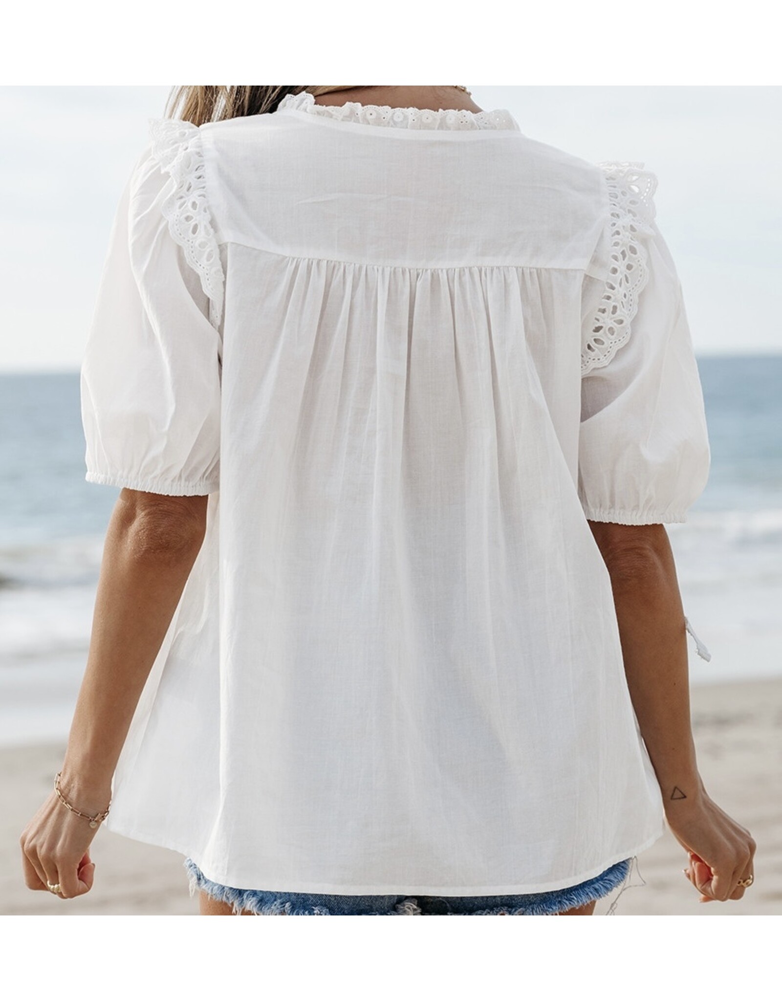 LATA White Embroidered Patchwork Tie Blouse